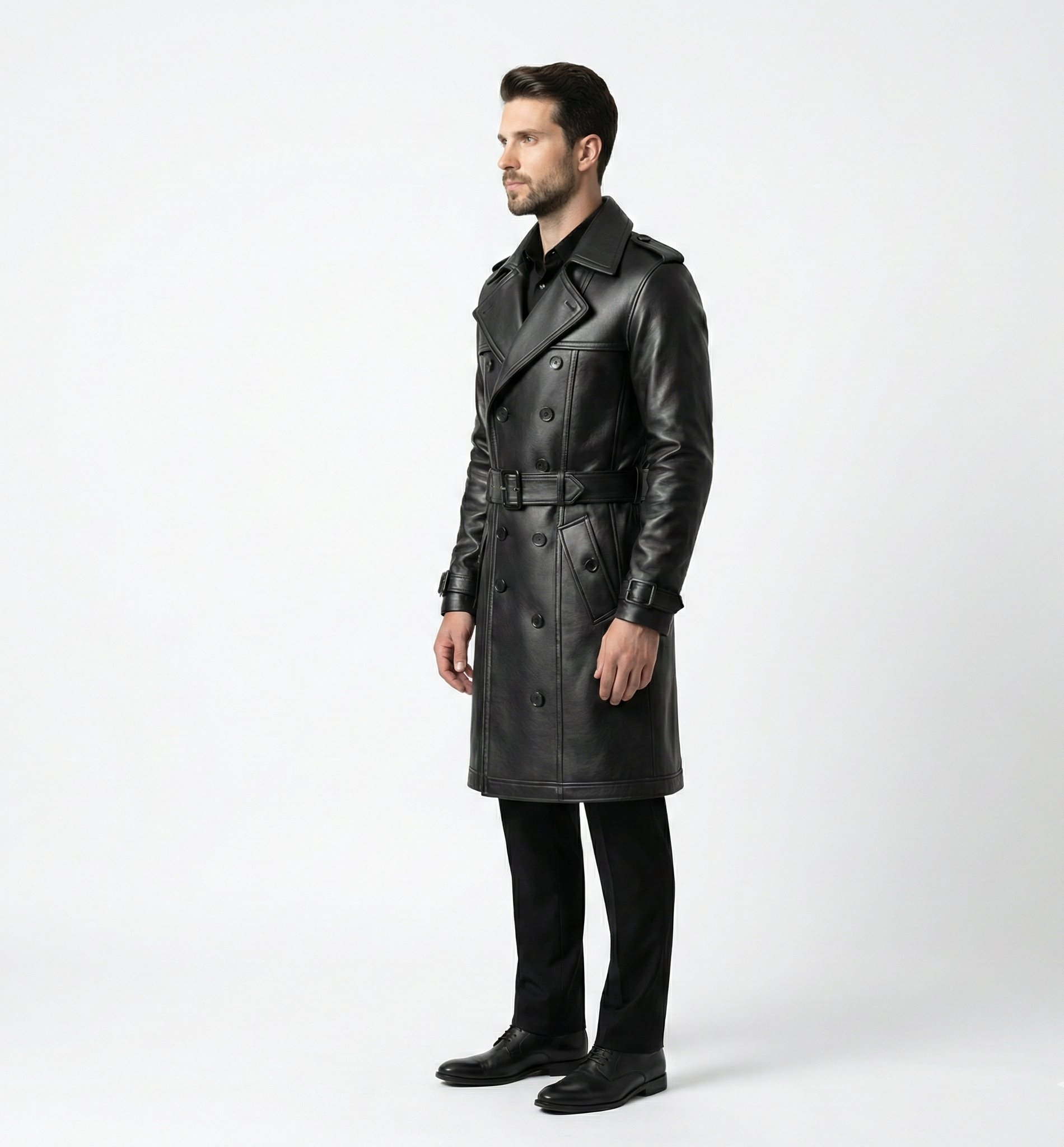 Men’s Black Leather Double-Breasted Belted Trench Coat