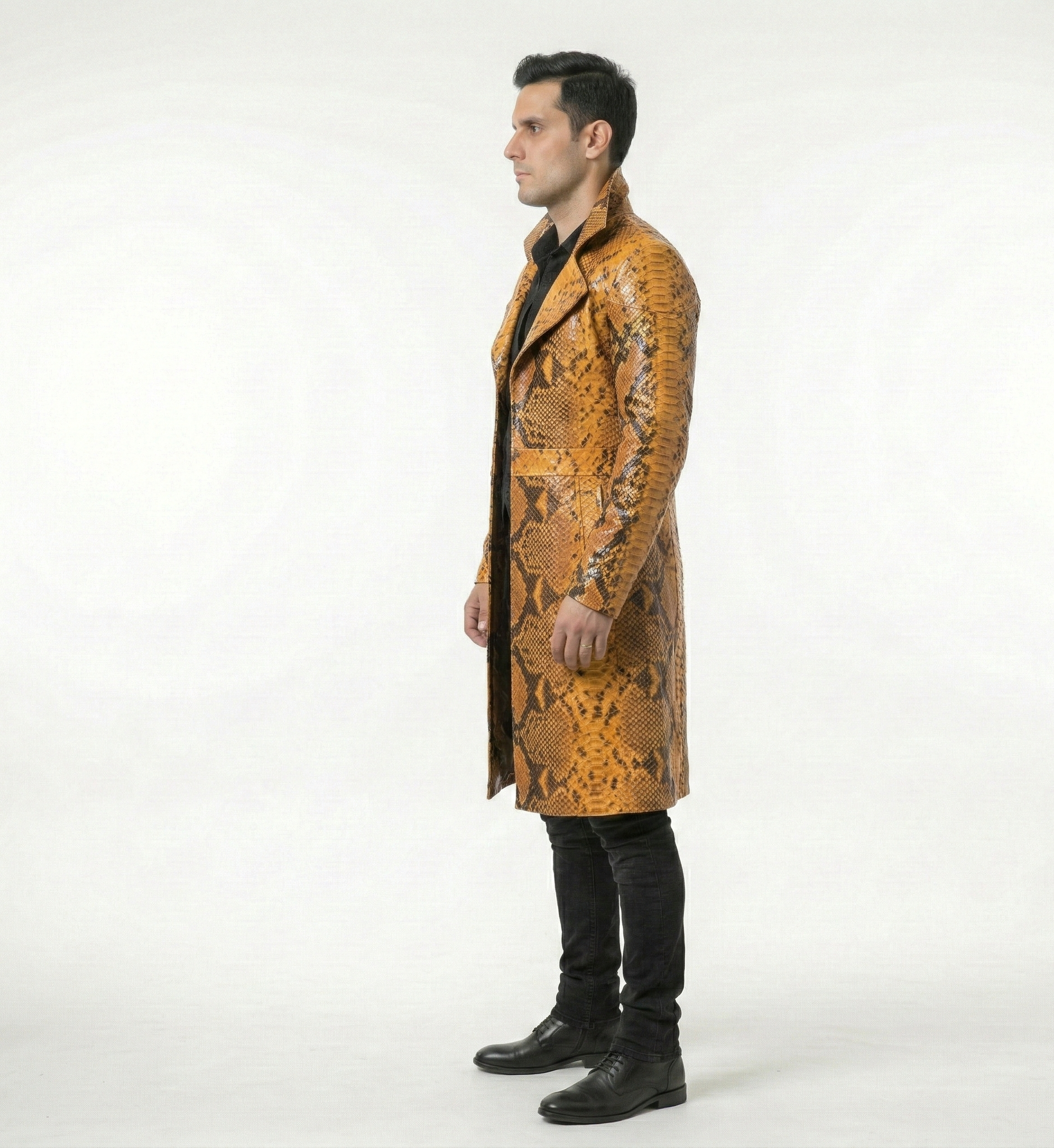 Luxury Men’s Python Pattern Leather Coat – Orange Snake Print Trench