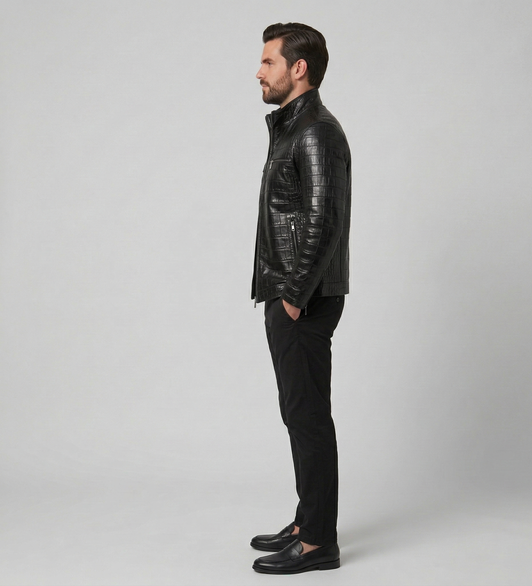 Luxury Men’s Black Crocodile Embossed Leather Jacket – Modern Slim Fit