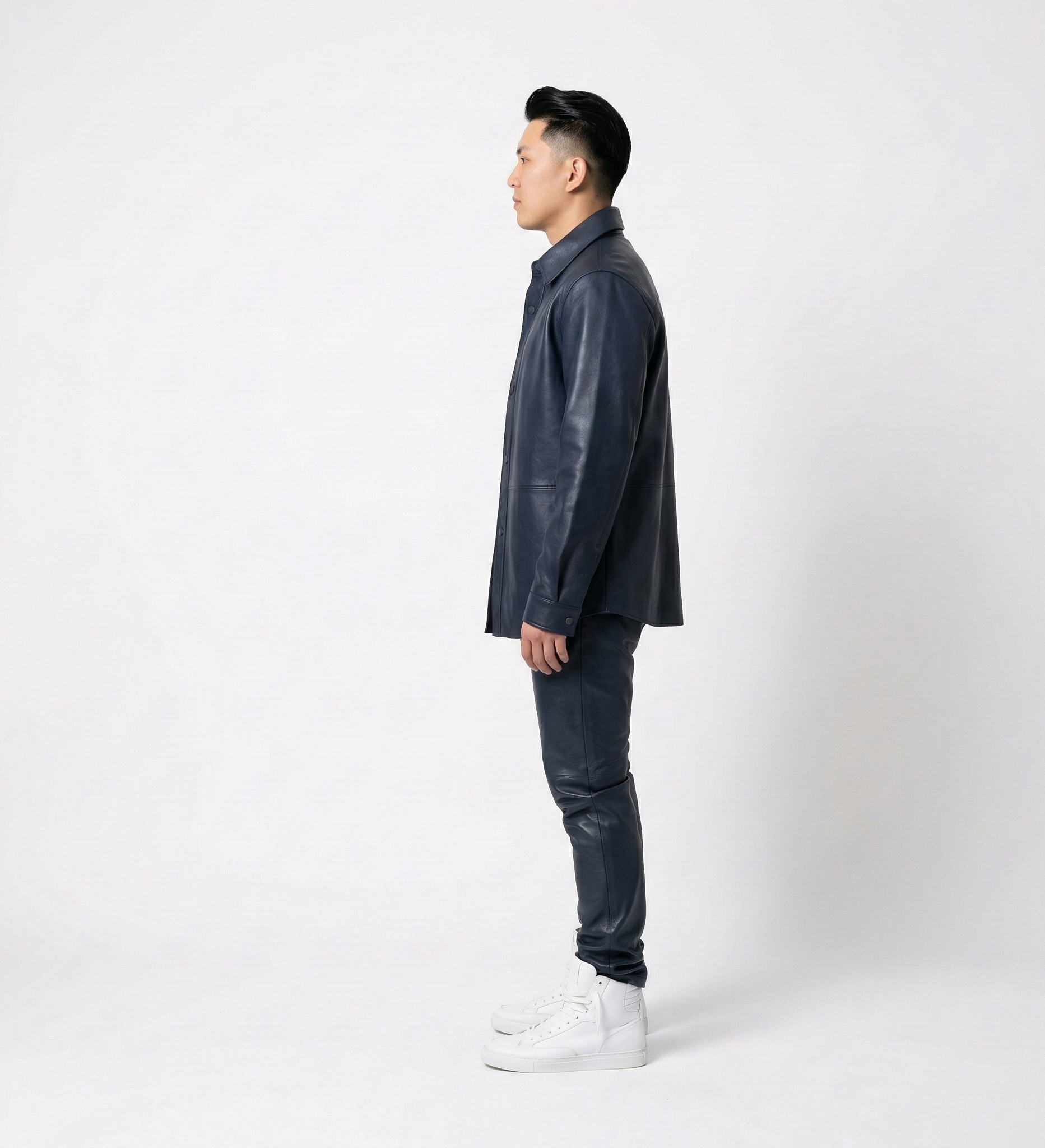 Men’s Navy Blue Leather Jacket and Pants Set – Two-Piece Outfit