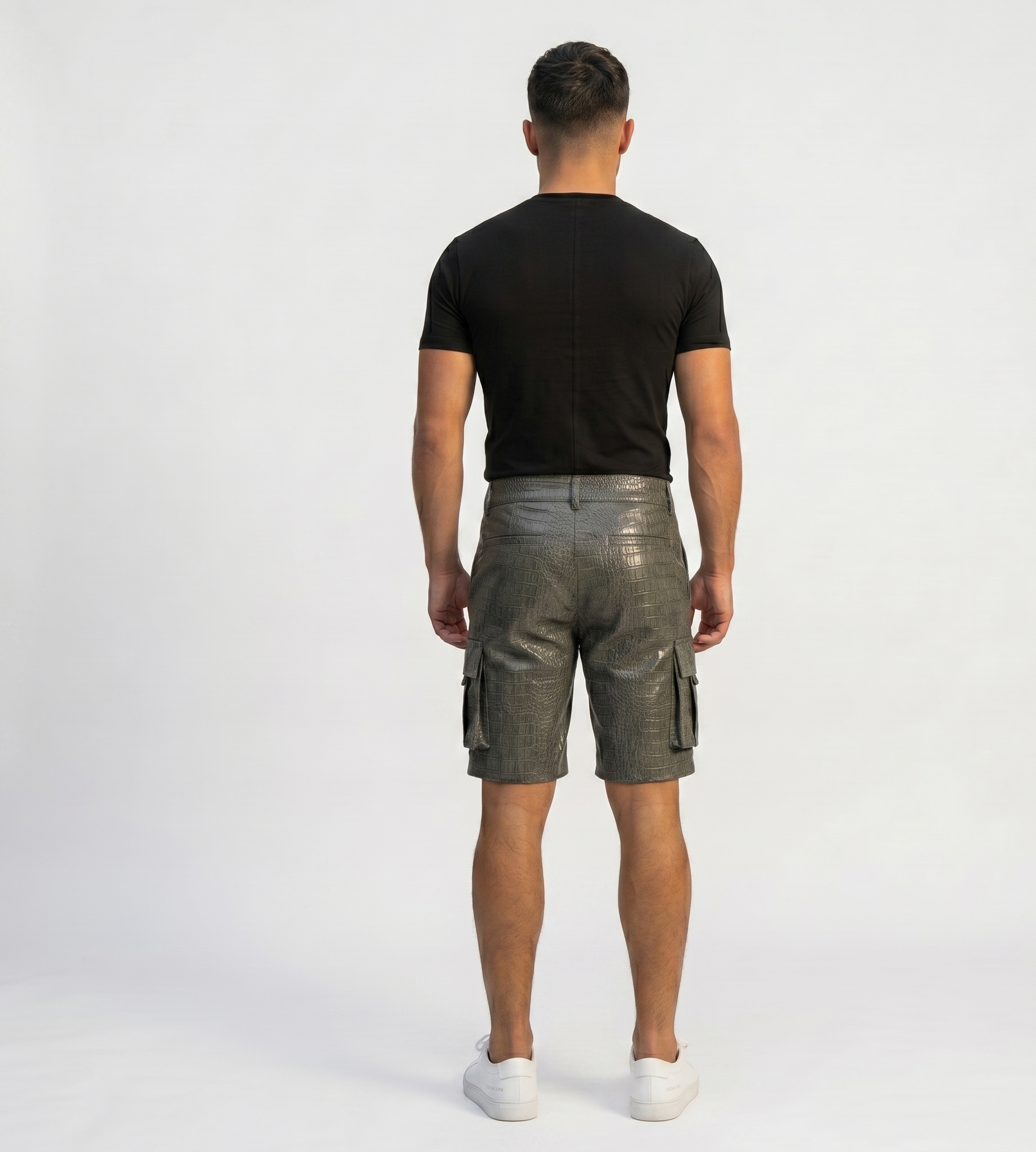Men’s Gray Crocodile Embossed Cargo Shorts – Designer Streetwear