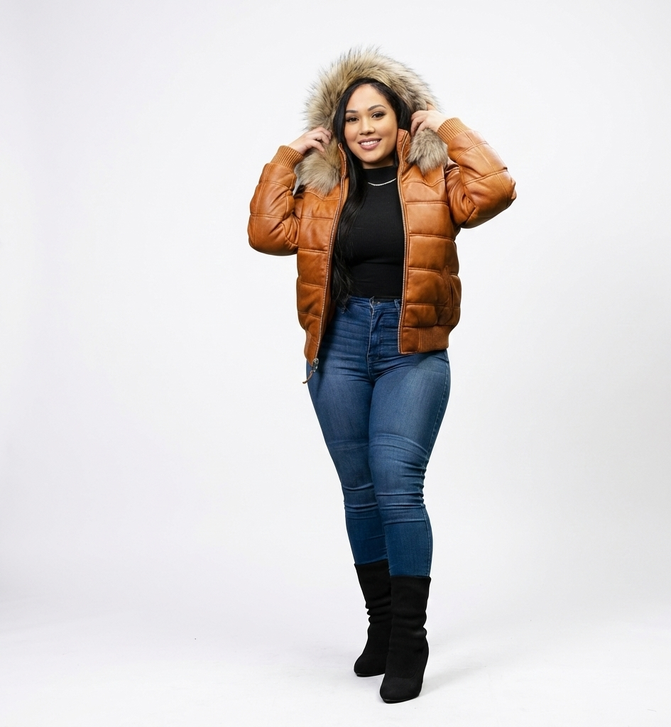 Women’s Tan Leather Puffer Jacket with Plush Fur Hood