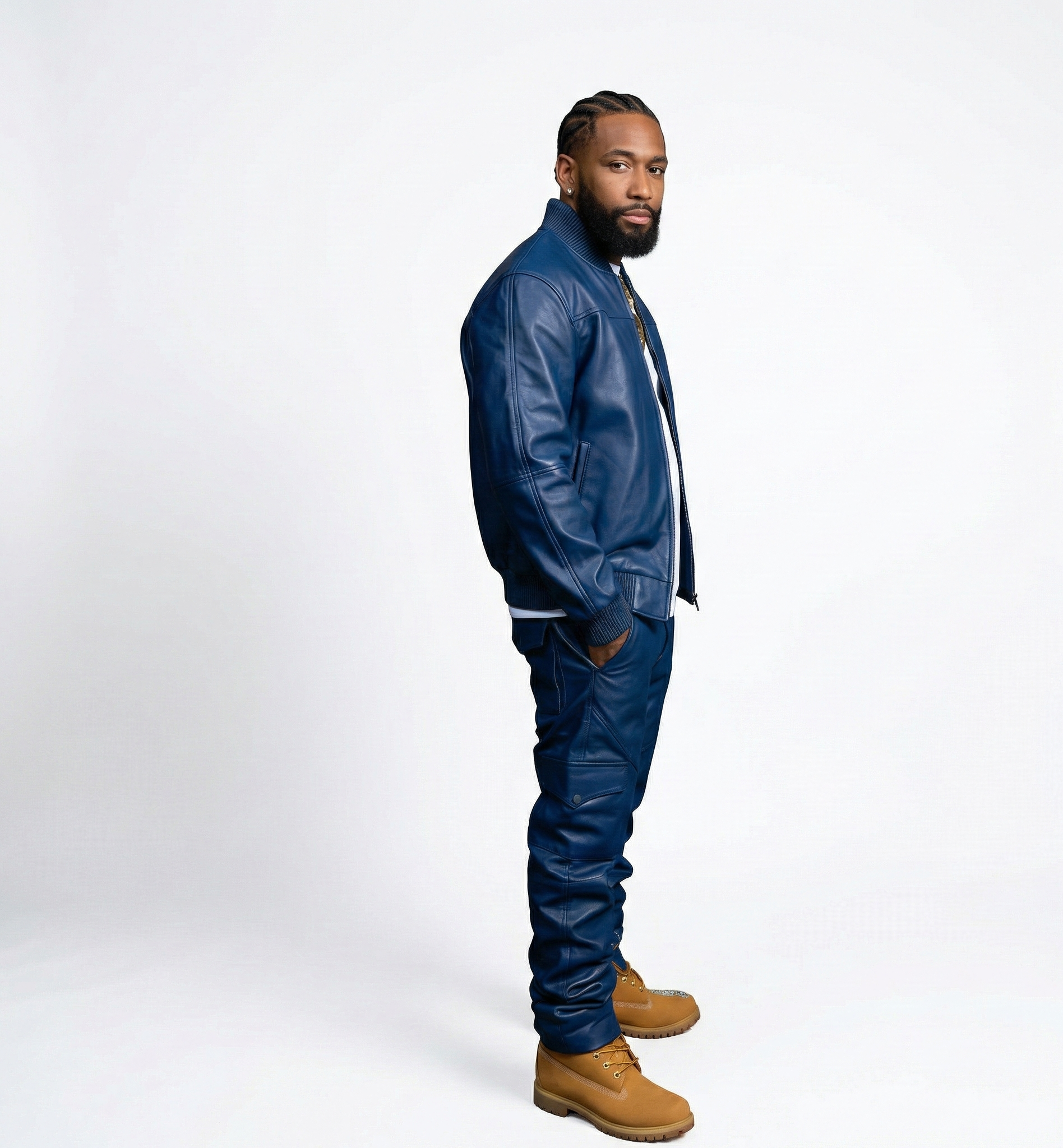 Men’s Navy Blue Leather Tracksuit Set – Casual Streetwear Outfit