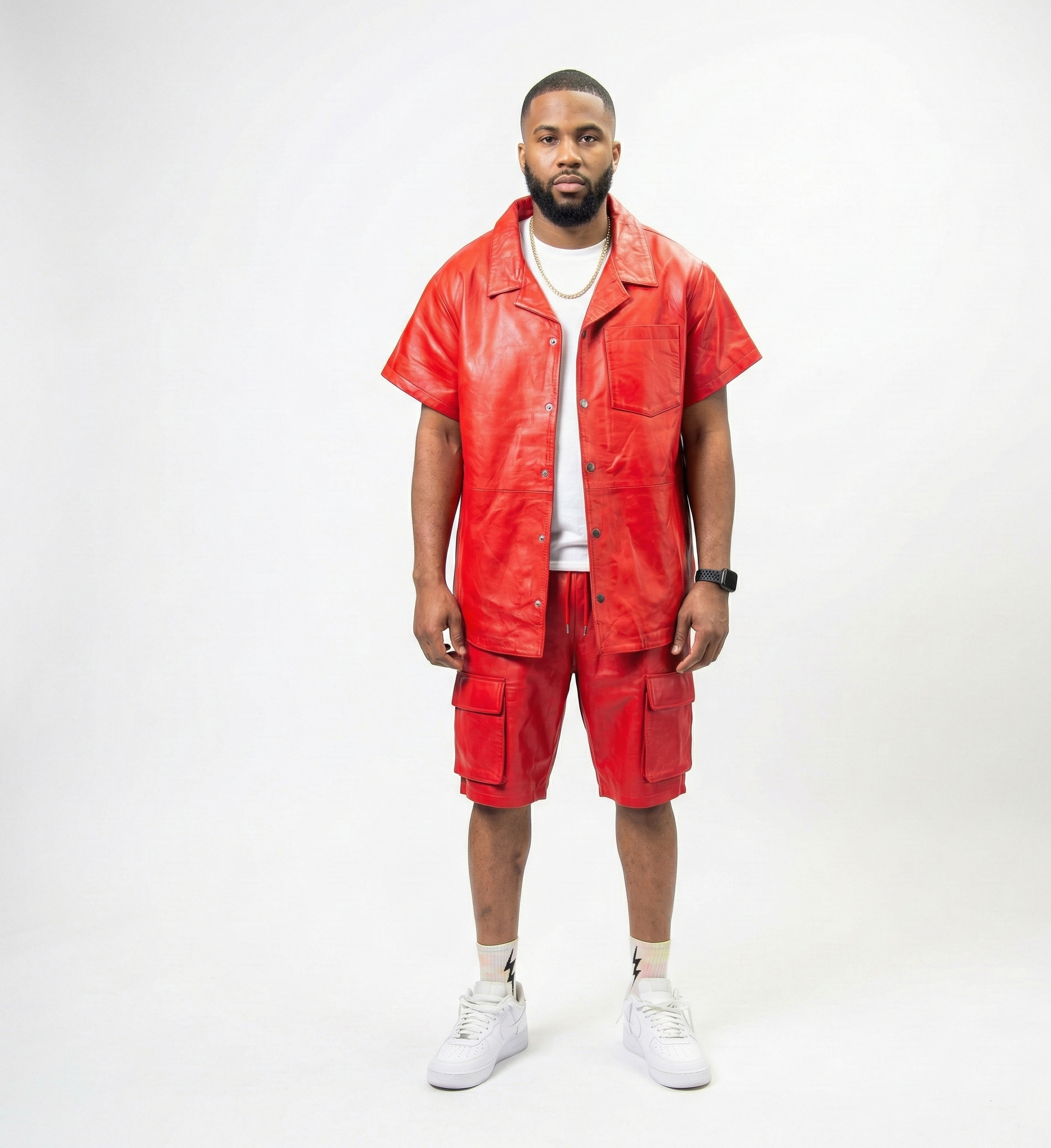 Men’s Red Leather Streetwear Set with Cargo Shorts