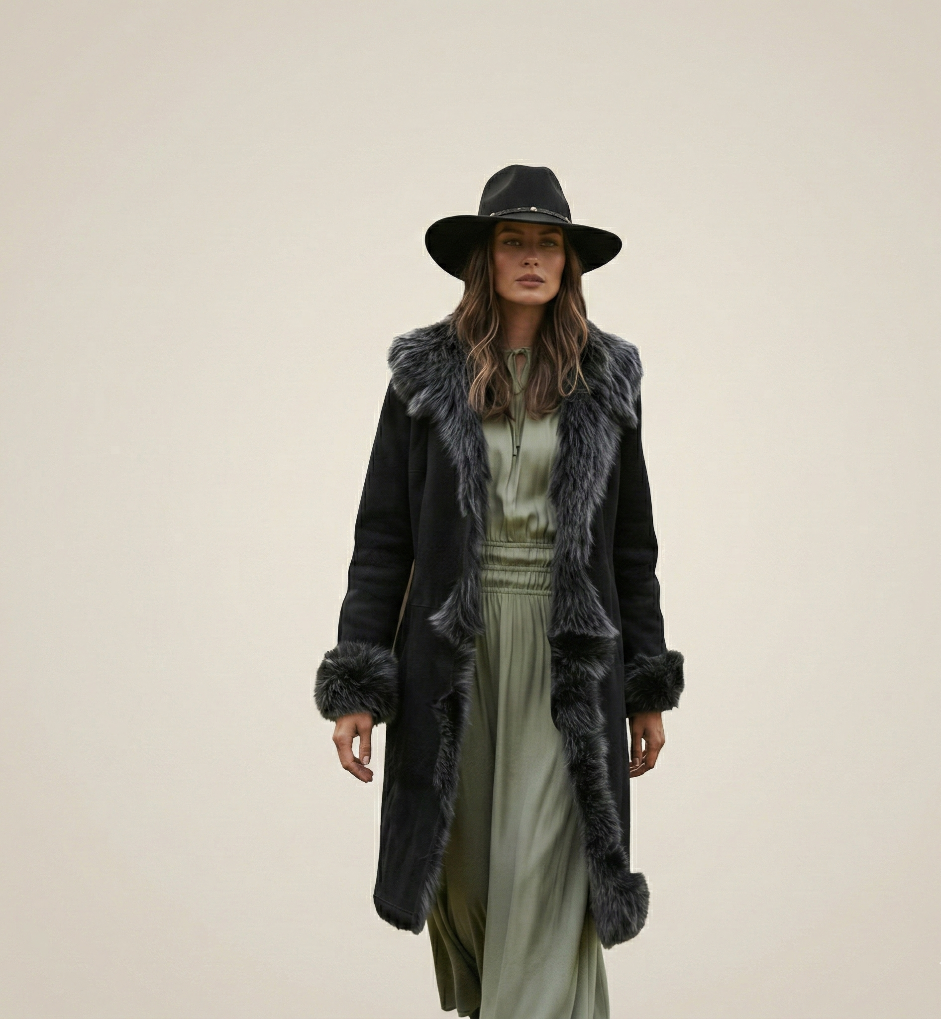 Women’s Fur Trim Long Winter Coat with Elegant Tailored Fit