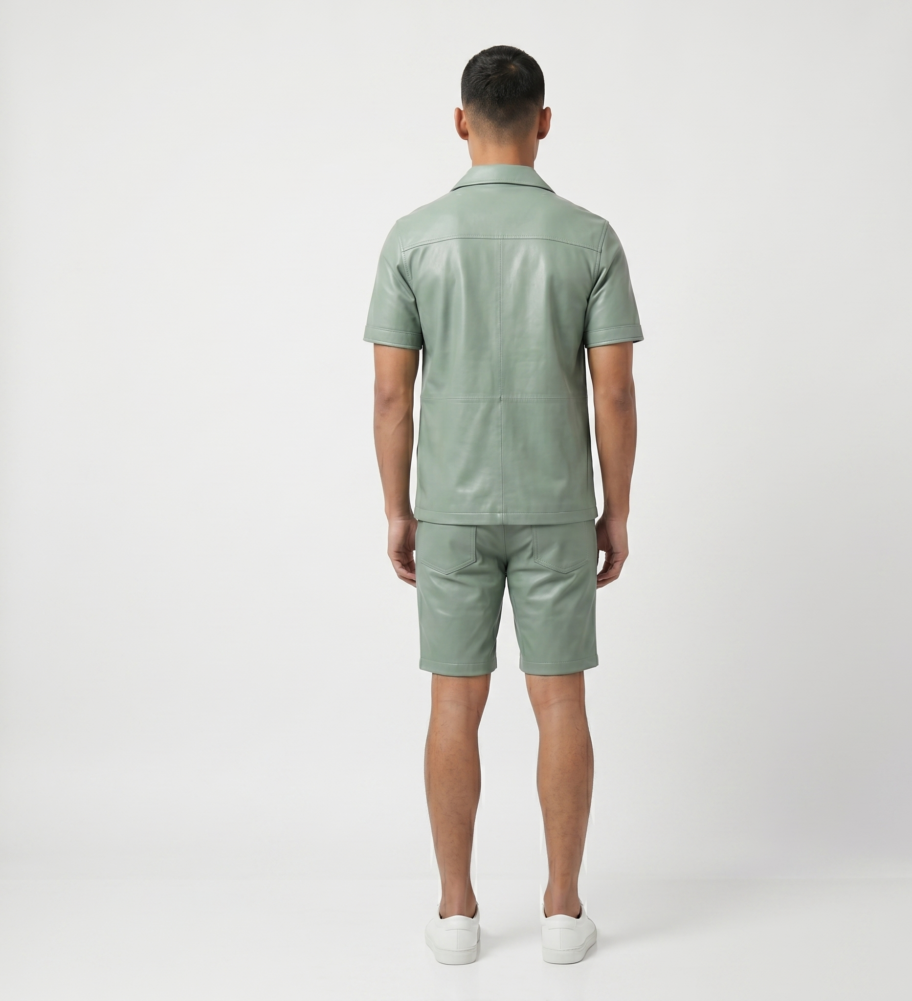 Men’s Green Real Leather Shirt and Shorts Set – Luxury Streetwear