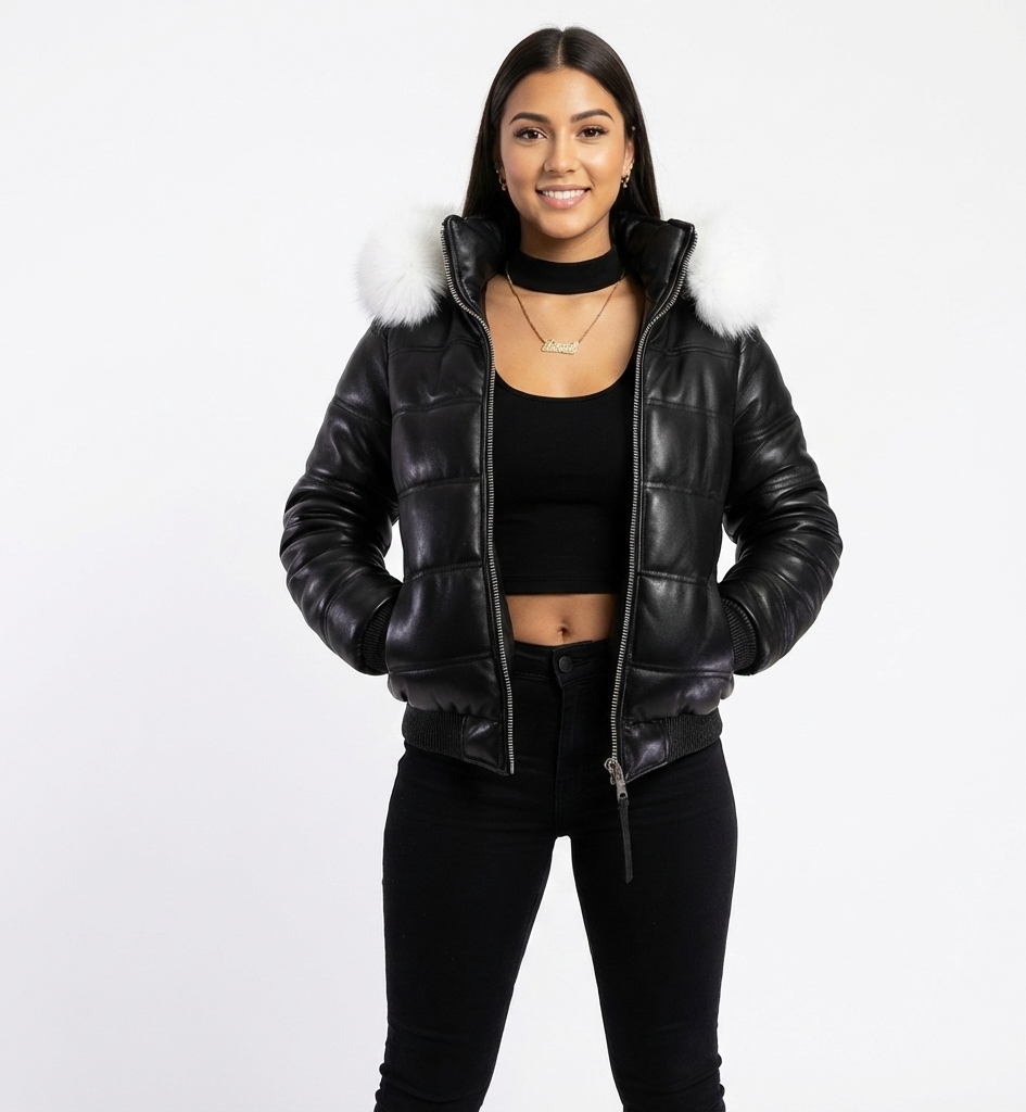 Women’s Black Leather Puffer Jacket with White Fur Hood