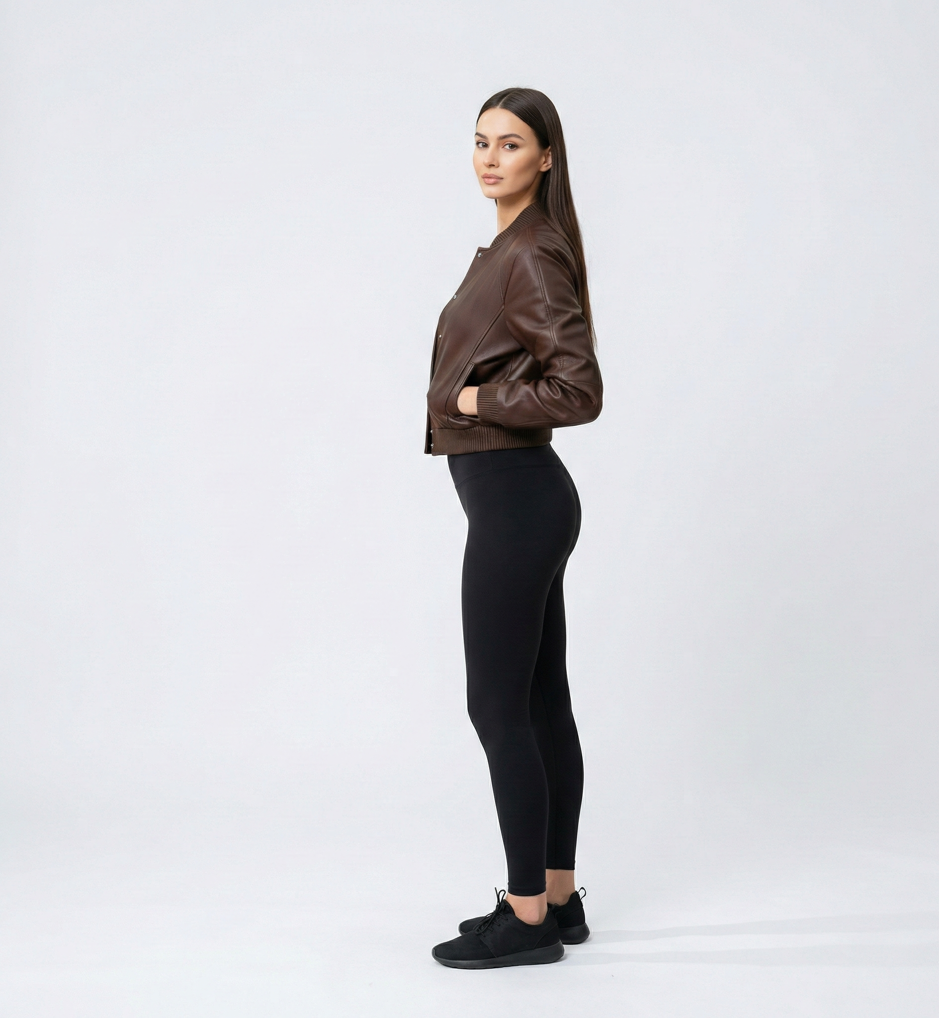 Women’s Brown Leather Bomber Jacket – Classic Snap-Button Style
