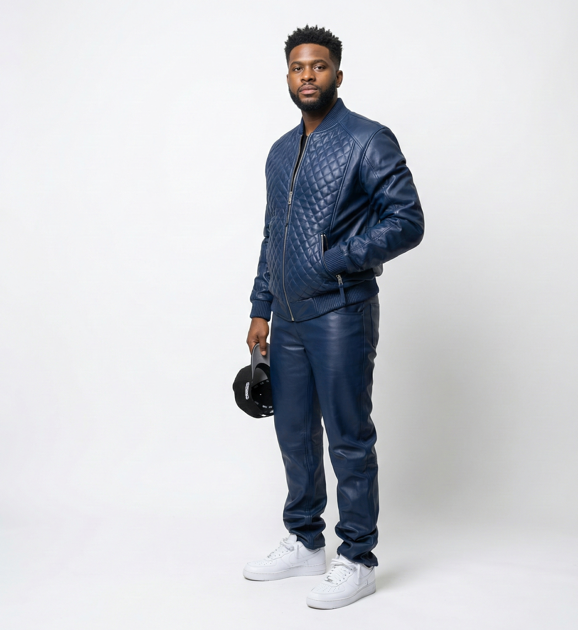 Men’s Navy Blue Quilted Leather Jacket & Matching Pants Set