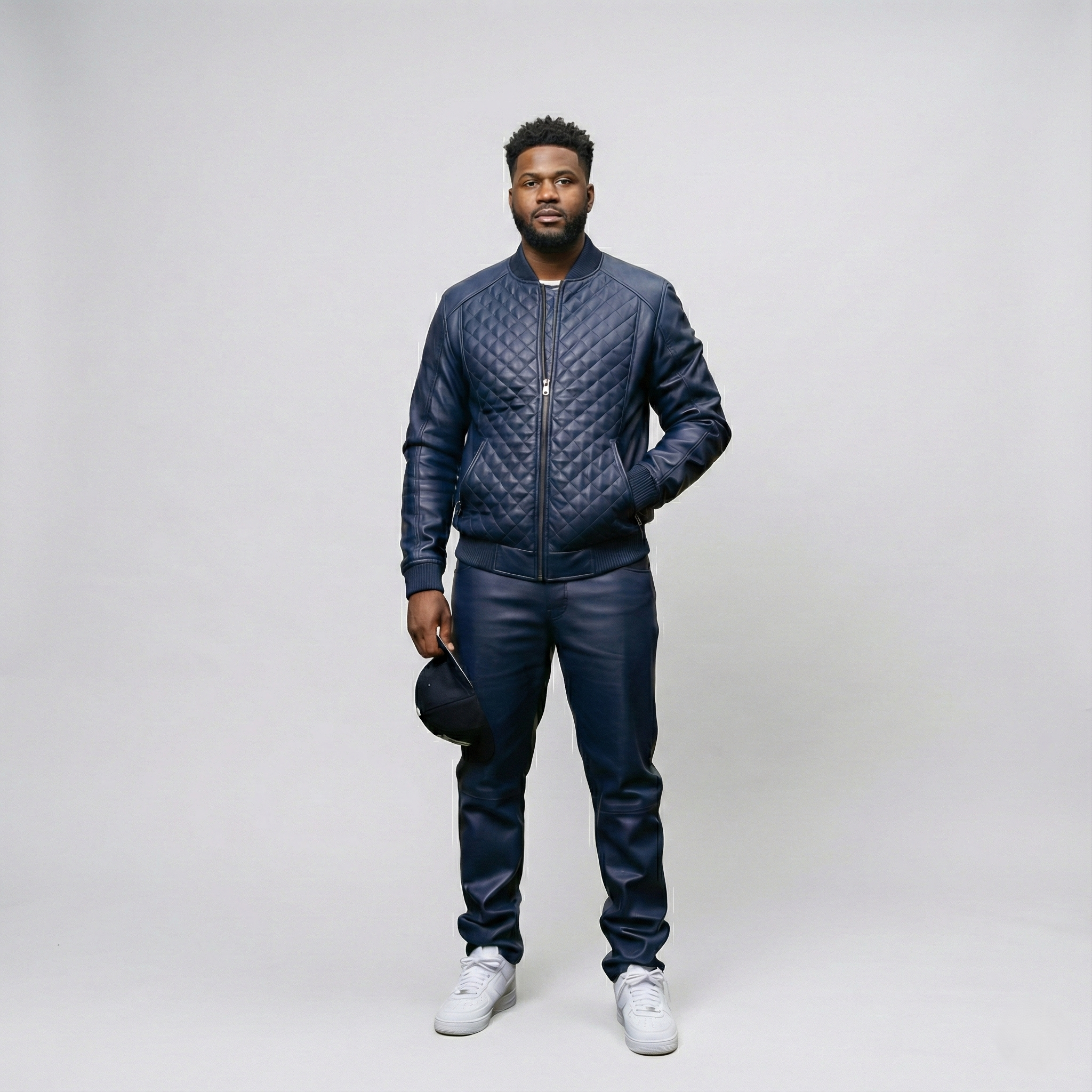 Men’s Navy Blue Quilted Leather Jacket & Matching Pants Set