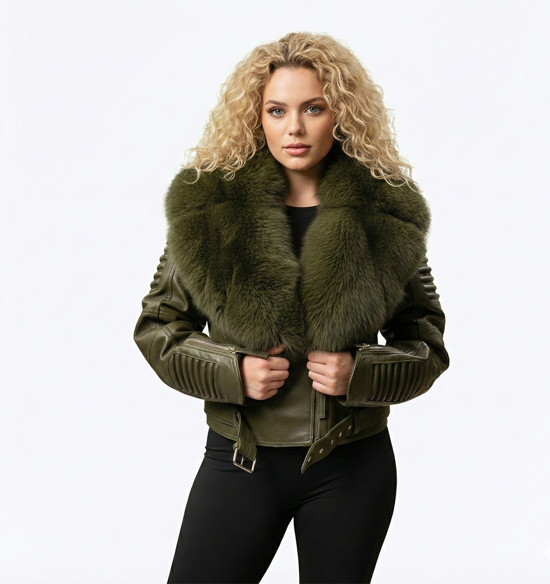 Women’s Olive Green Leather Moto Jacket with Fur Collar – Belted Biker Style