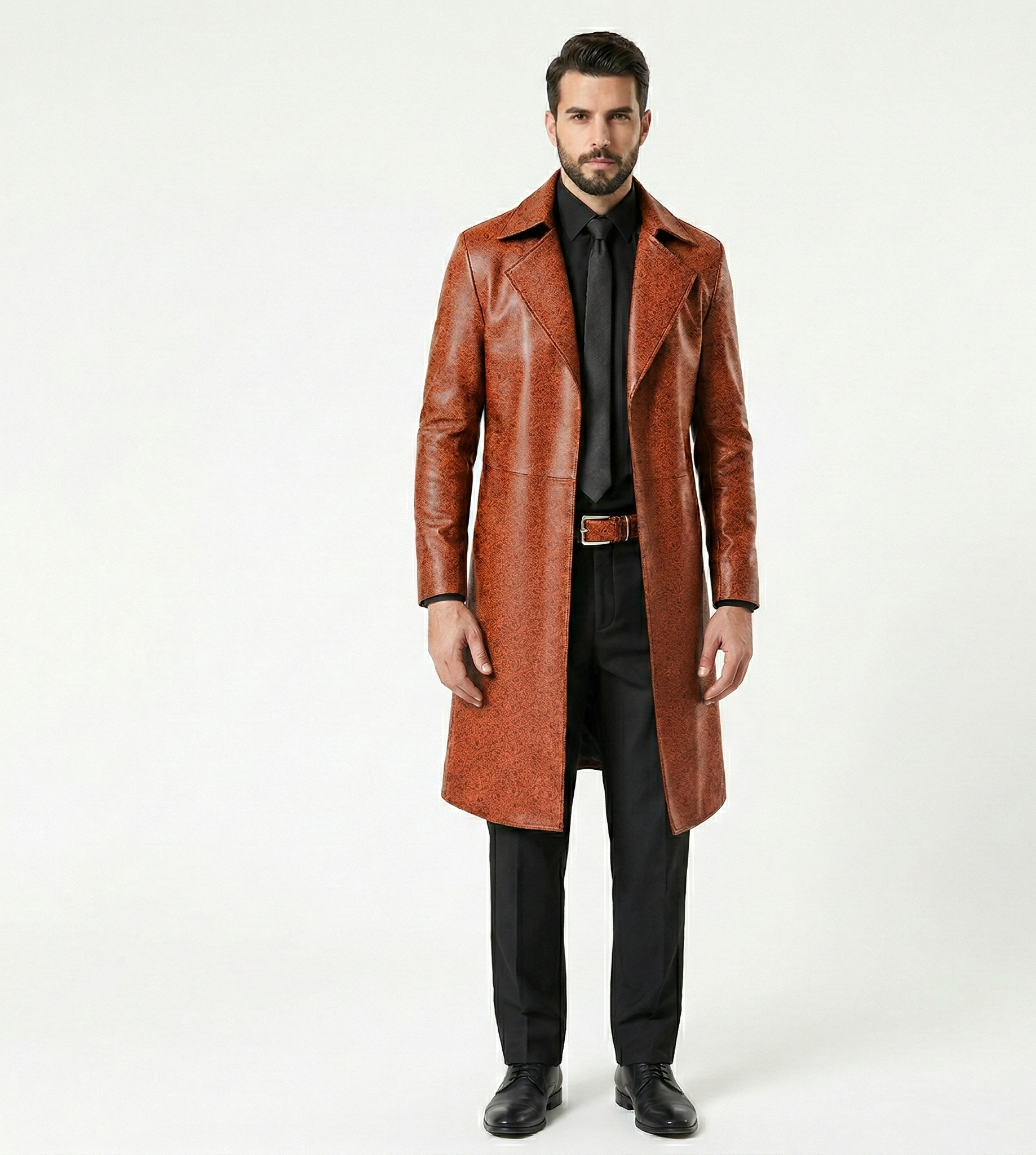 Men’s Brown Leather Trench Coat – Luxury Printed Long Overcoat