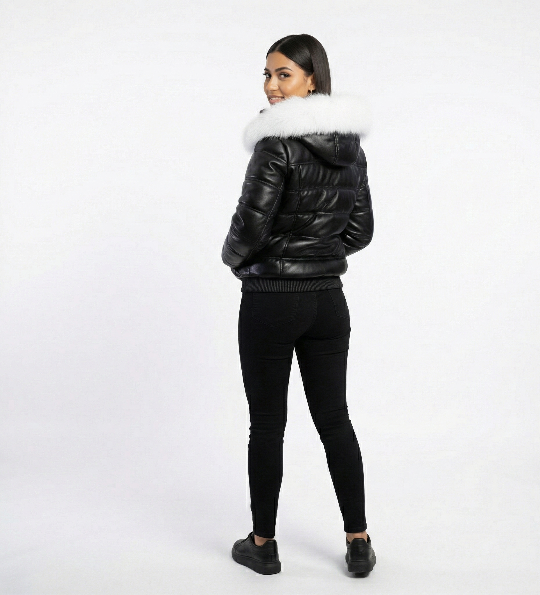Women’s Black Leather Puffer Jacket with White Fur Hood