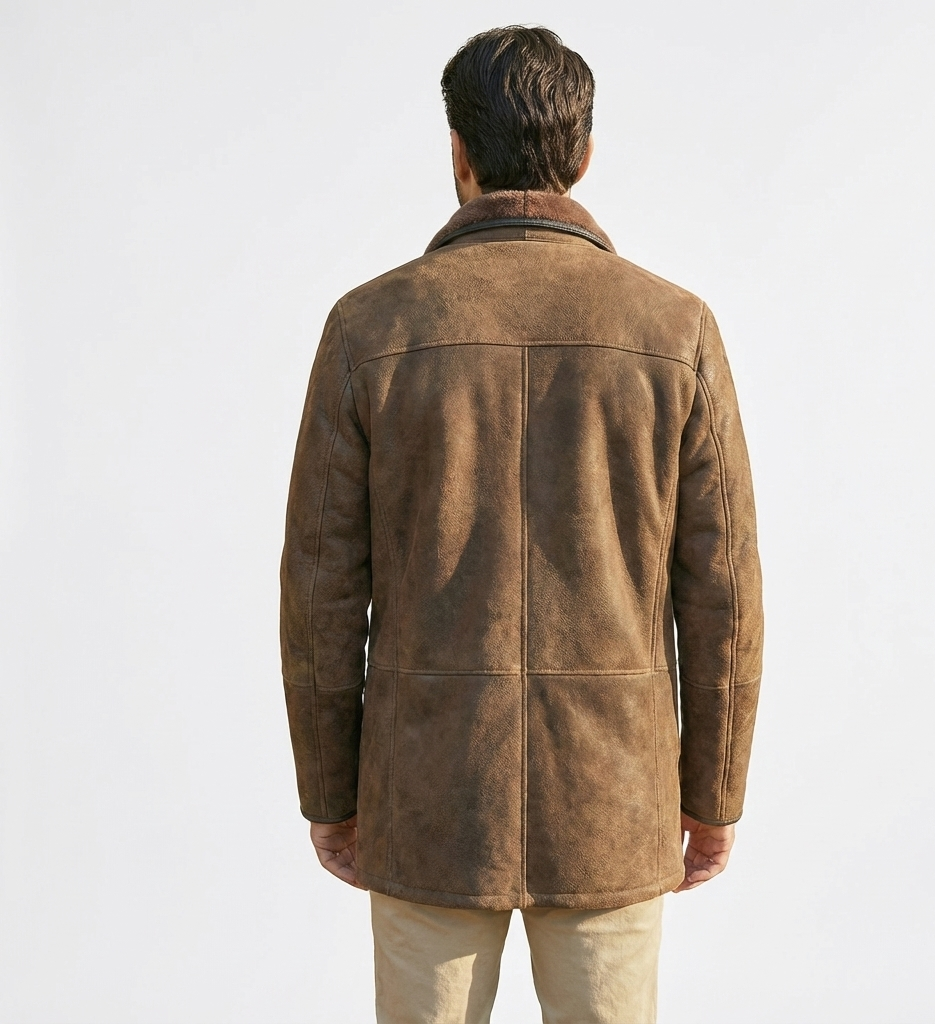 Men’s Leather Shearling Jacket – Brown Mid-Length Winter Coat