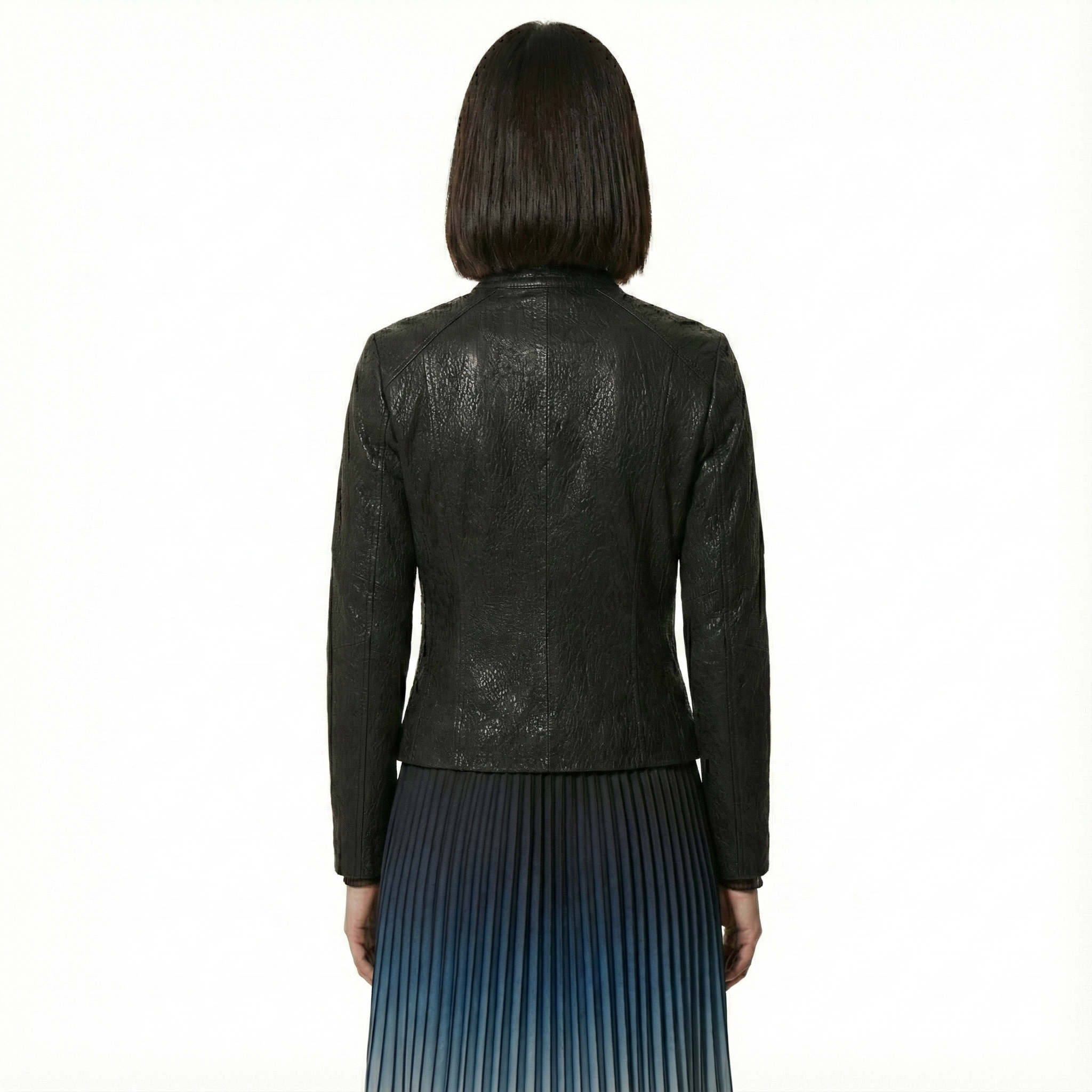 Women’s Black Leather Jacket with Stand Collar