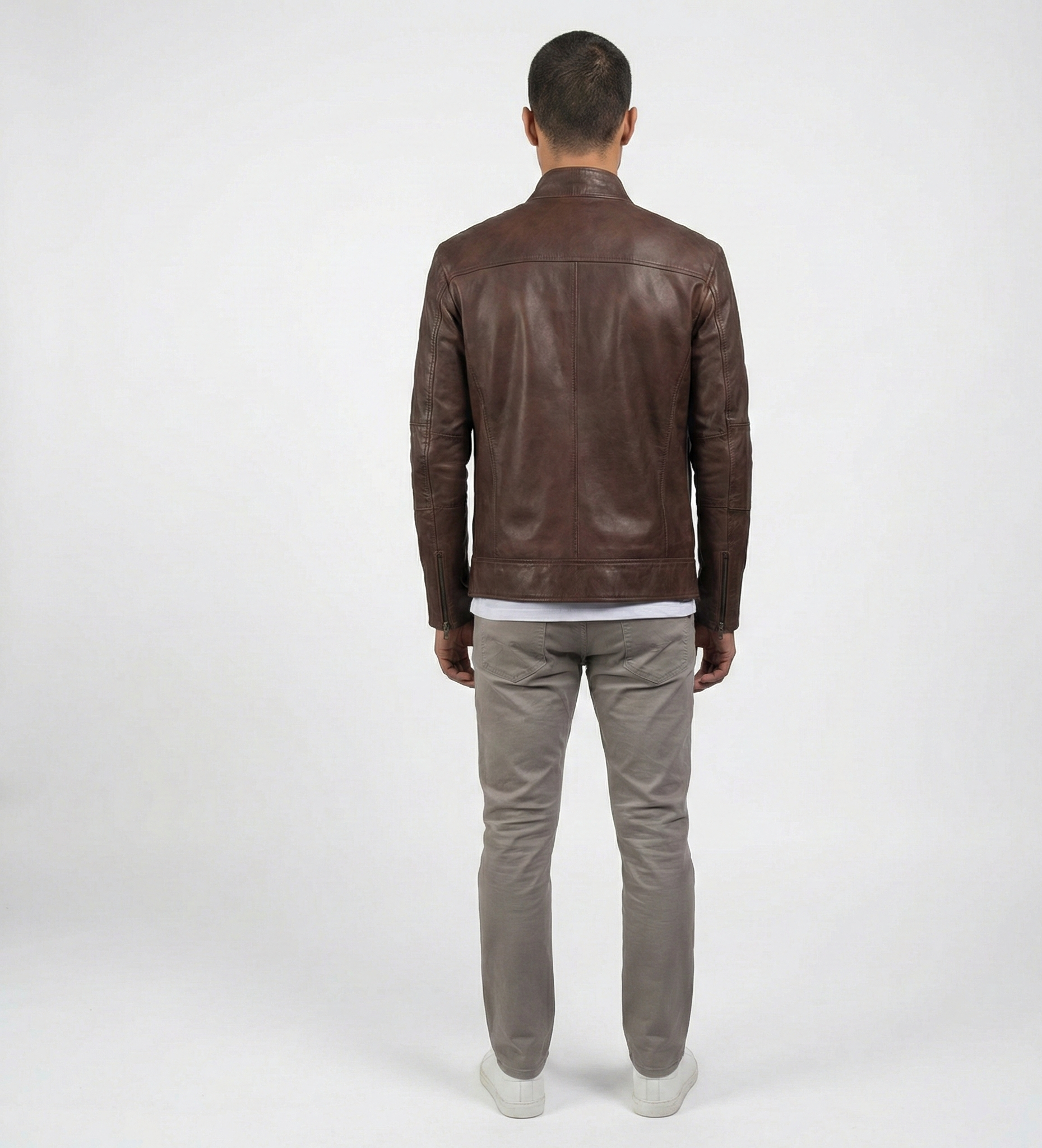 Men’s Brown Leather Moto Jacket – Classic Stand Collar