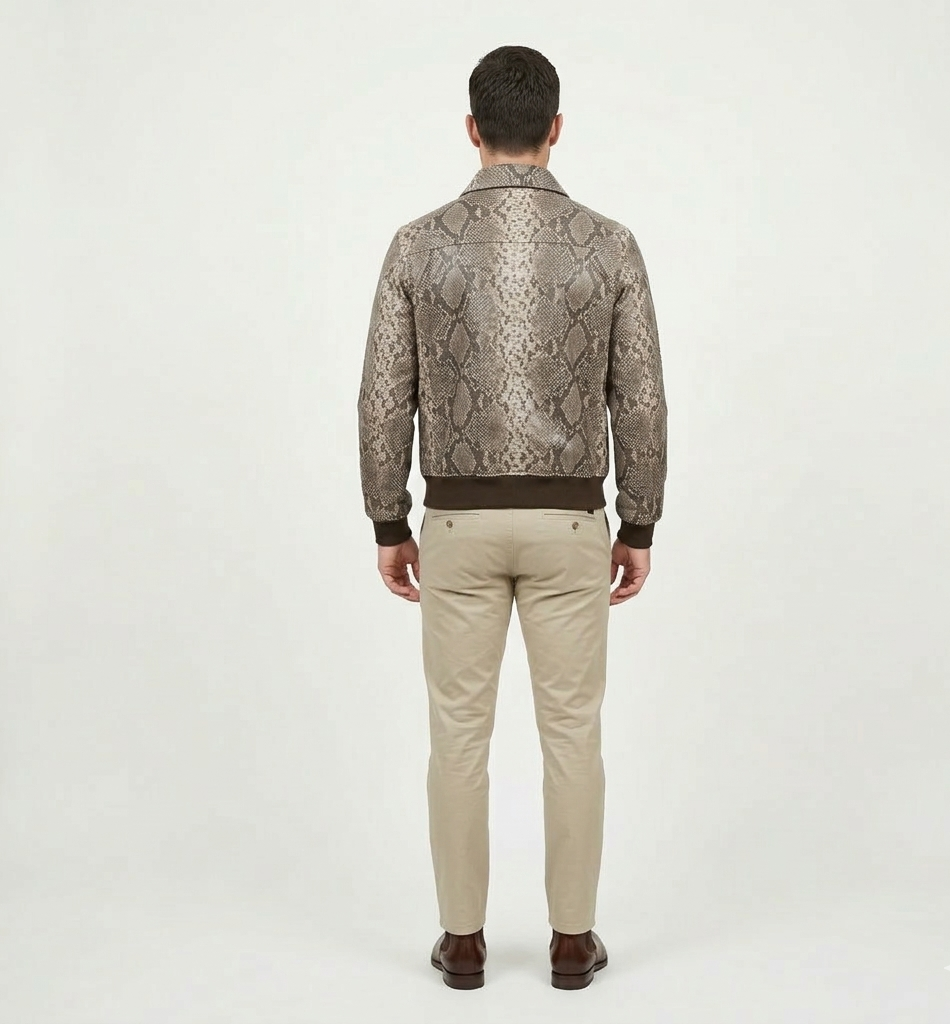 Men’s Python Print Leather Jacket – Stylish Brown Designer Outerwear