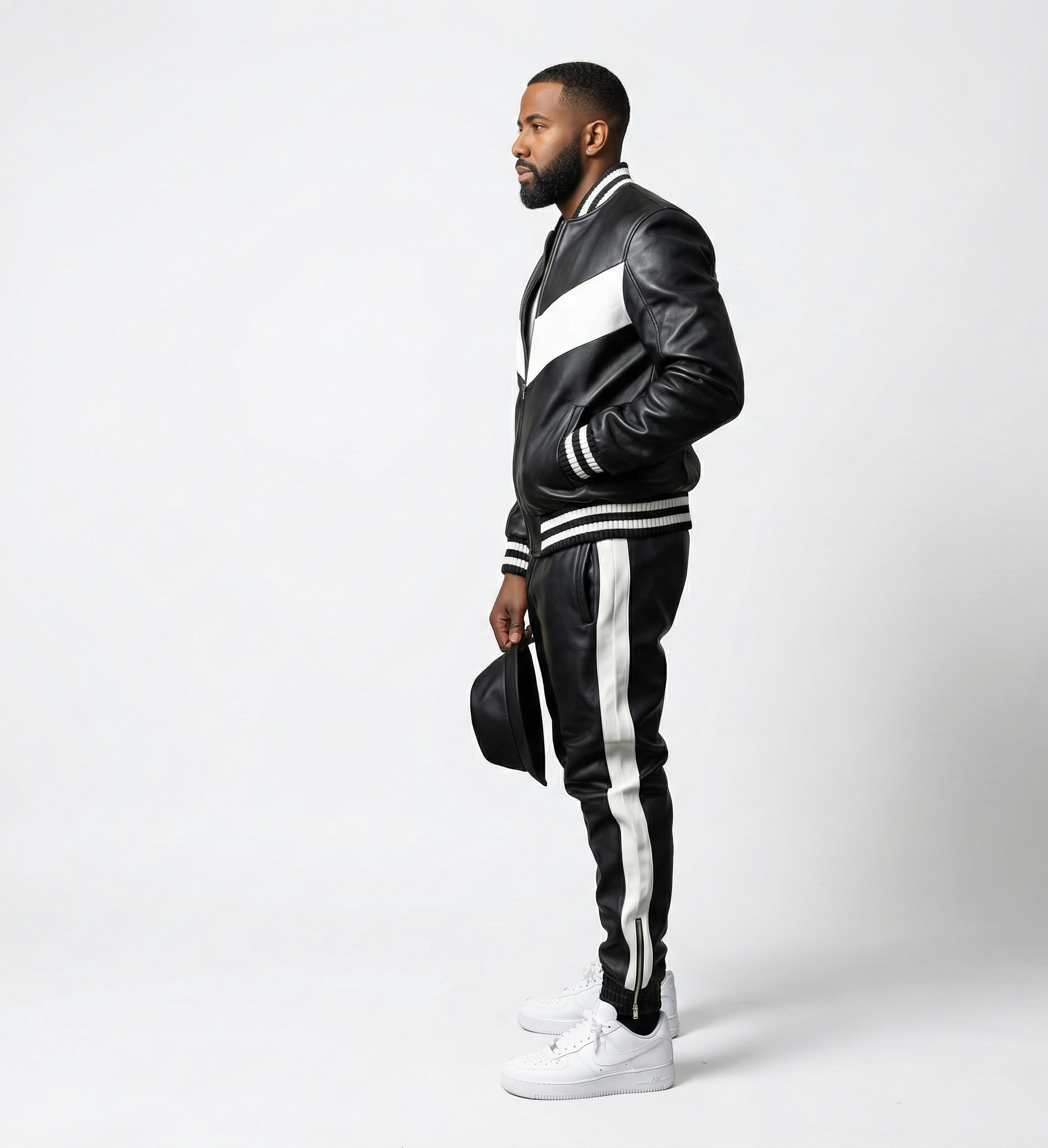 Men’s Black Leather Zip-Up Jacket and Pants Set