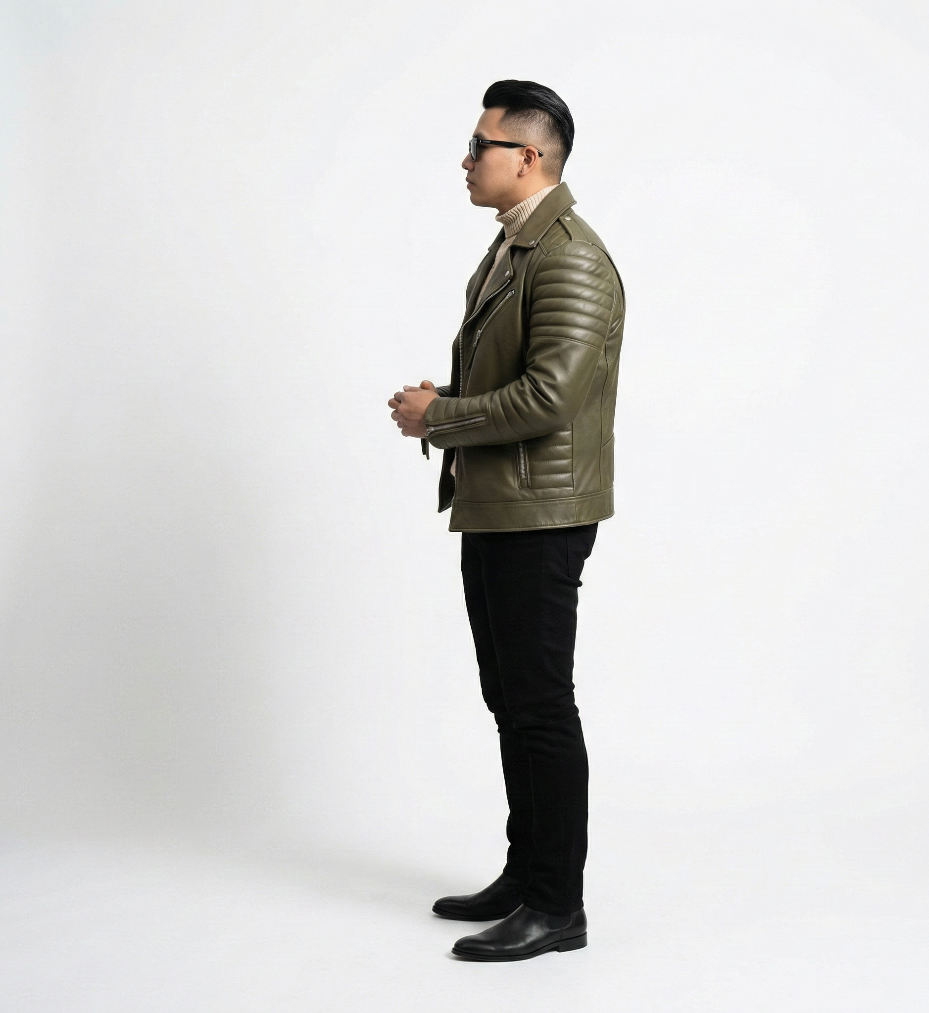 Men’s Olive Leather Biker Jacket – Quilted Moto Design with Modern Tailored Fit