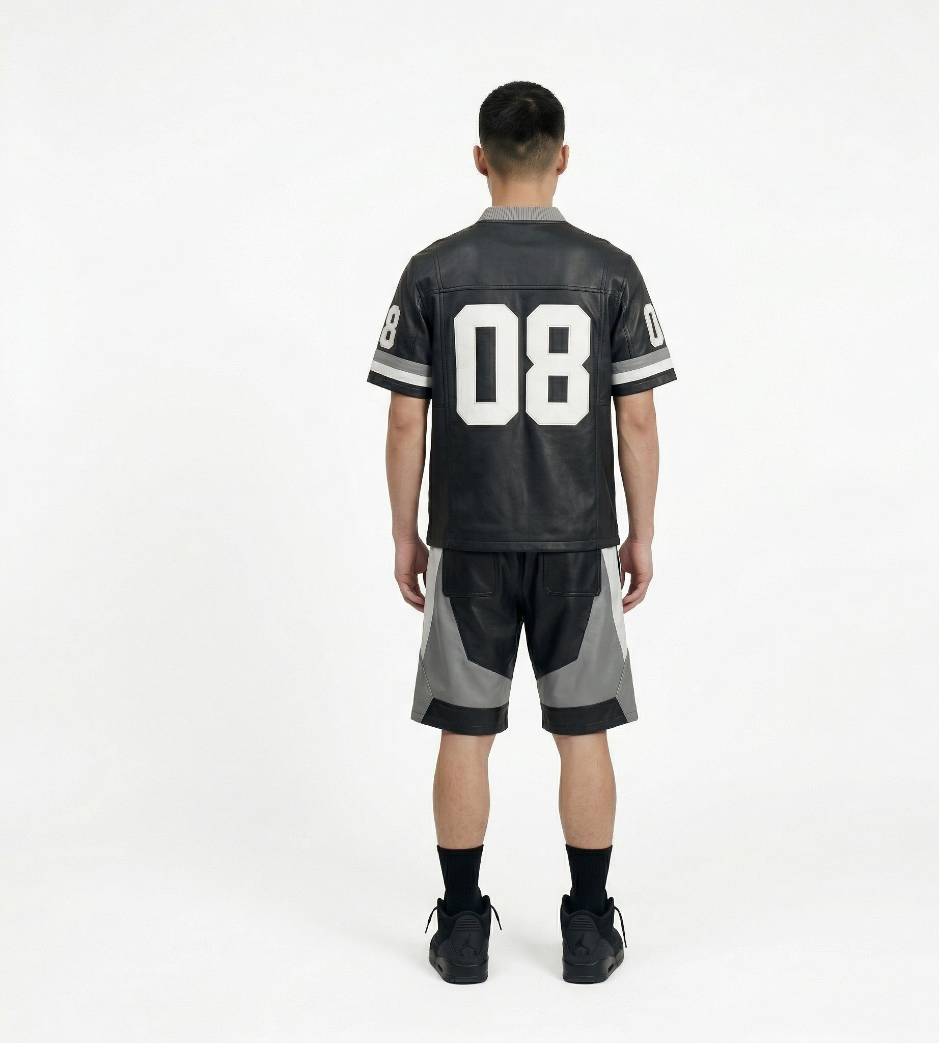 Men’s Urban Leather Jersey Outfit – Black Sportswear Two-Piece Set