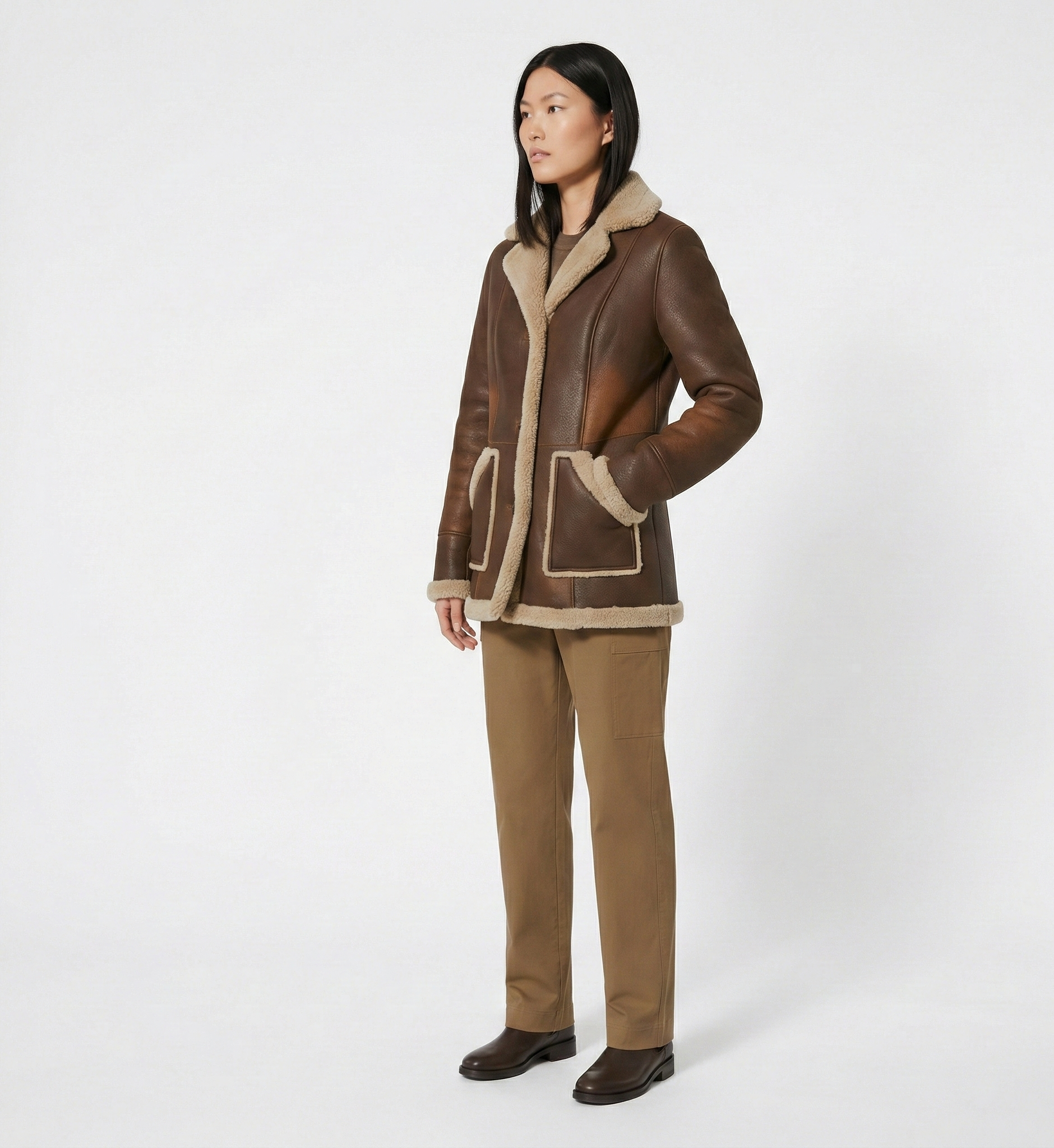 Women’s Brown Shearling Trim Mid-Length Winter Jacket