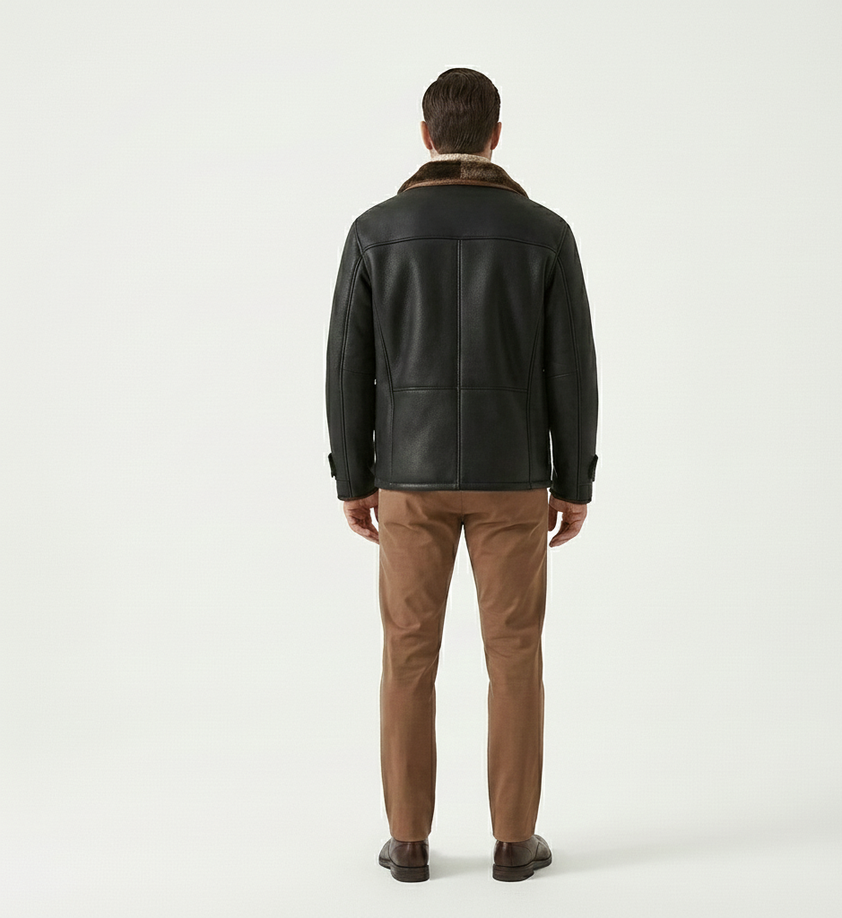 Men’s Black Leather Jacket with Shearling Collar