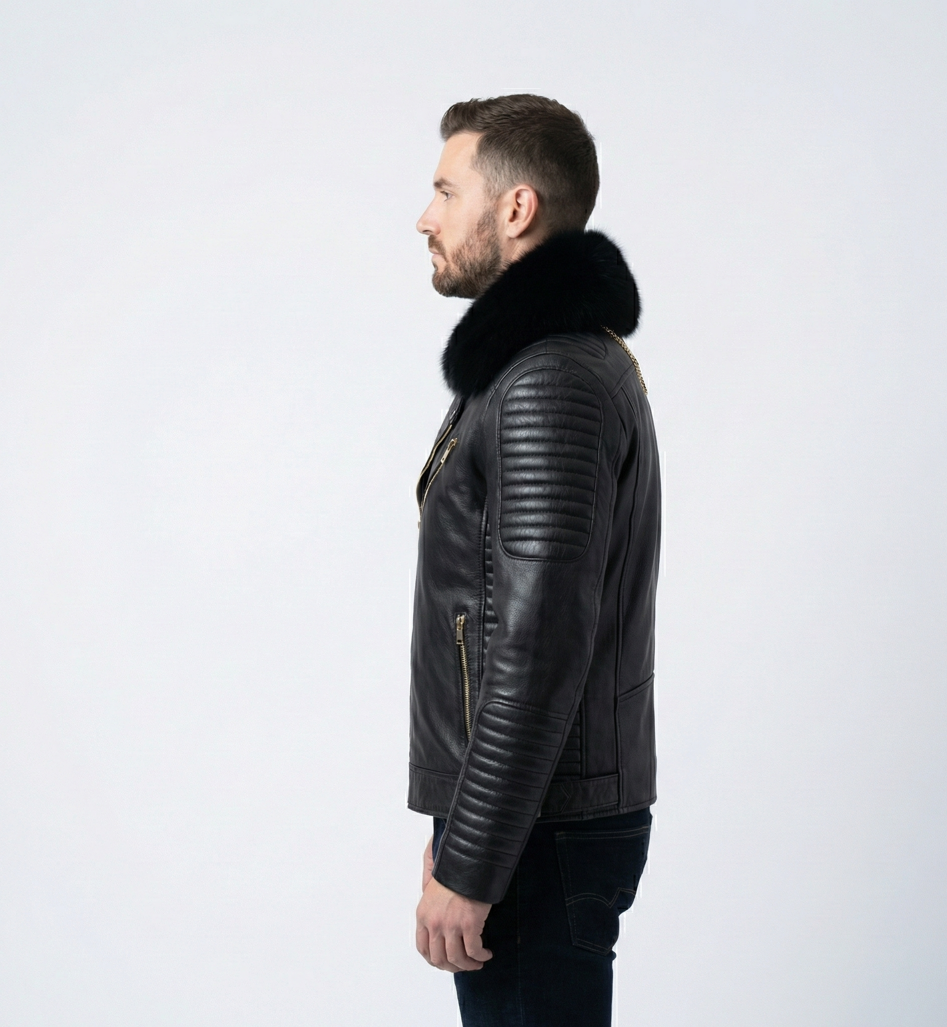 Men’s Black Leather Jacket with Fur Collar – Elevated Streetwear Outerwear