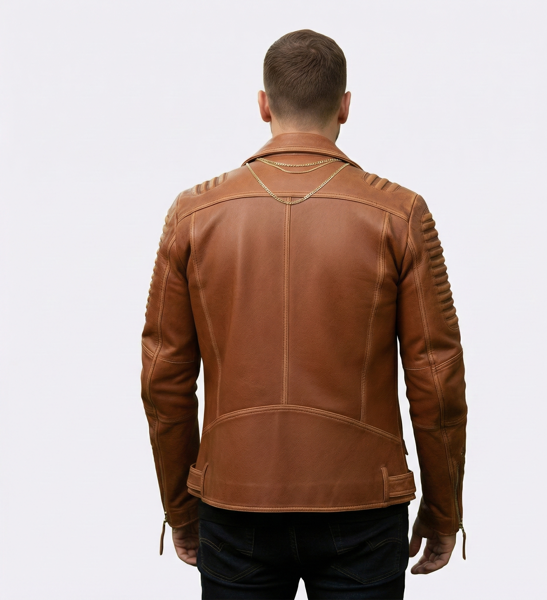 Men’s Brown Leather Biker Jacket with Ribbed Sleeves