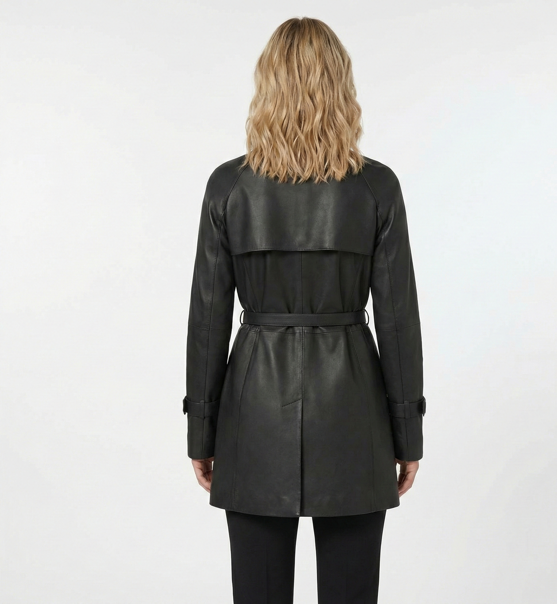 Classic Women’s Leather Trench Coat – Black Belted Outerwear