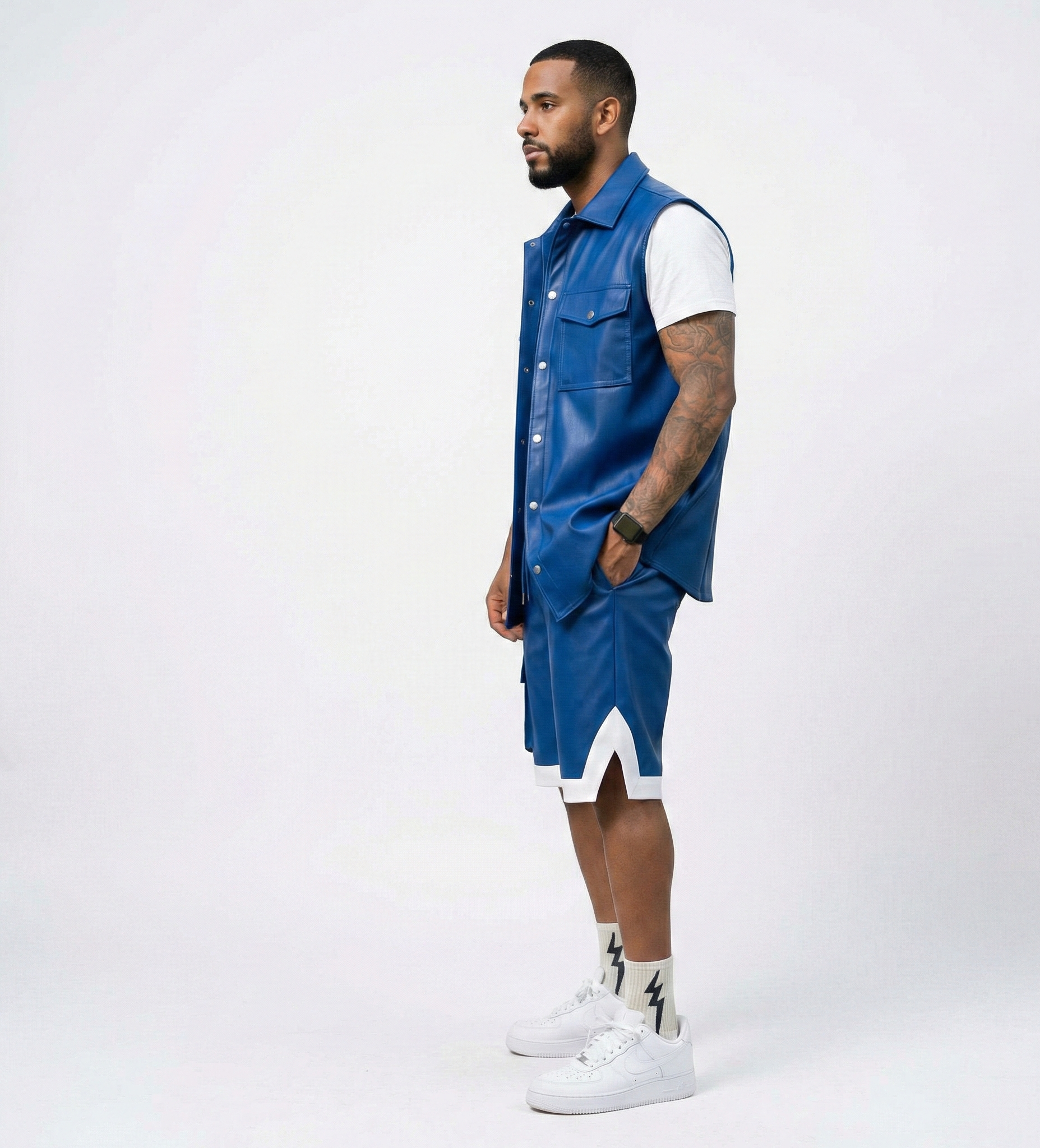 Men’s Blue Leather Cargo Shorts – Casual Street Fit