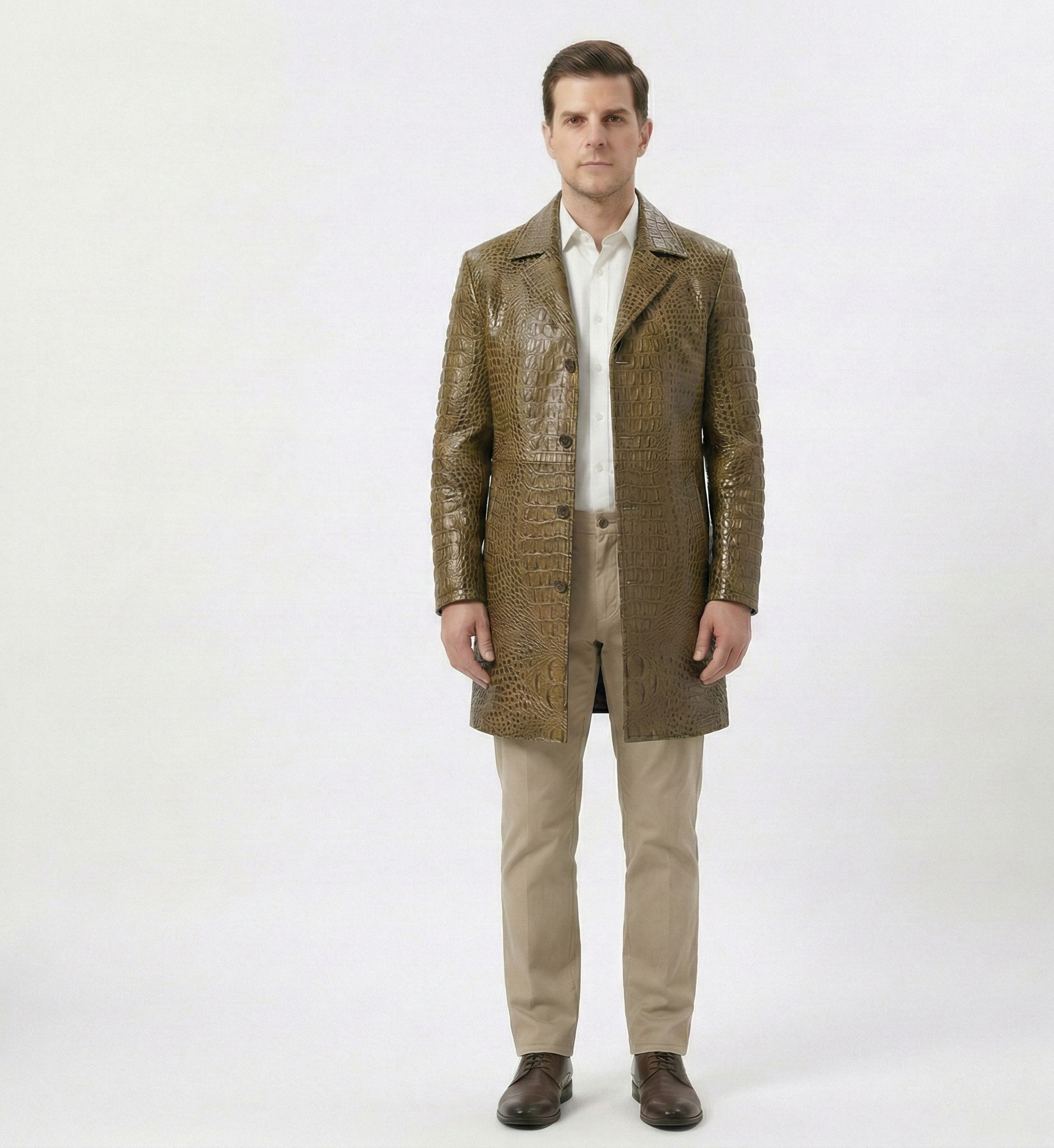 Men's Crocodile Embossed Leather Coat – Luxury Brown Long Overcoat