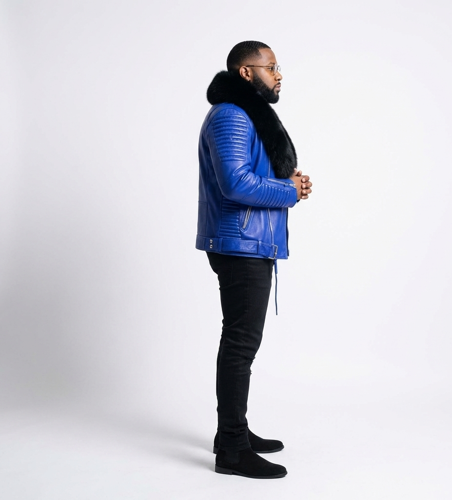 Men’s Leather Biker Jacket with Fur Collar – Blue Winter Jacket