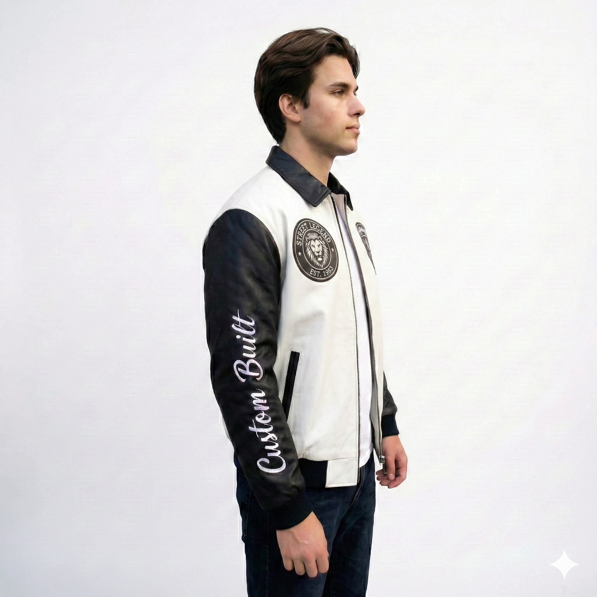 Men’s White & Black Varsity Leather Jacket – Wolf Pack Streetwear