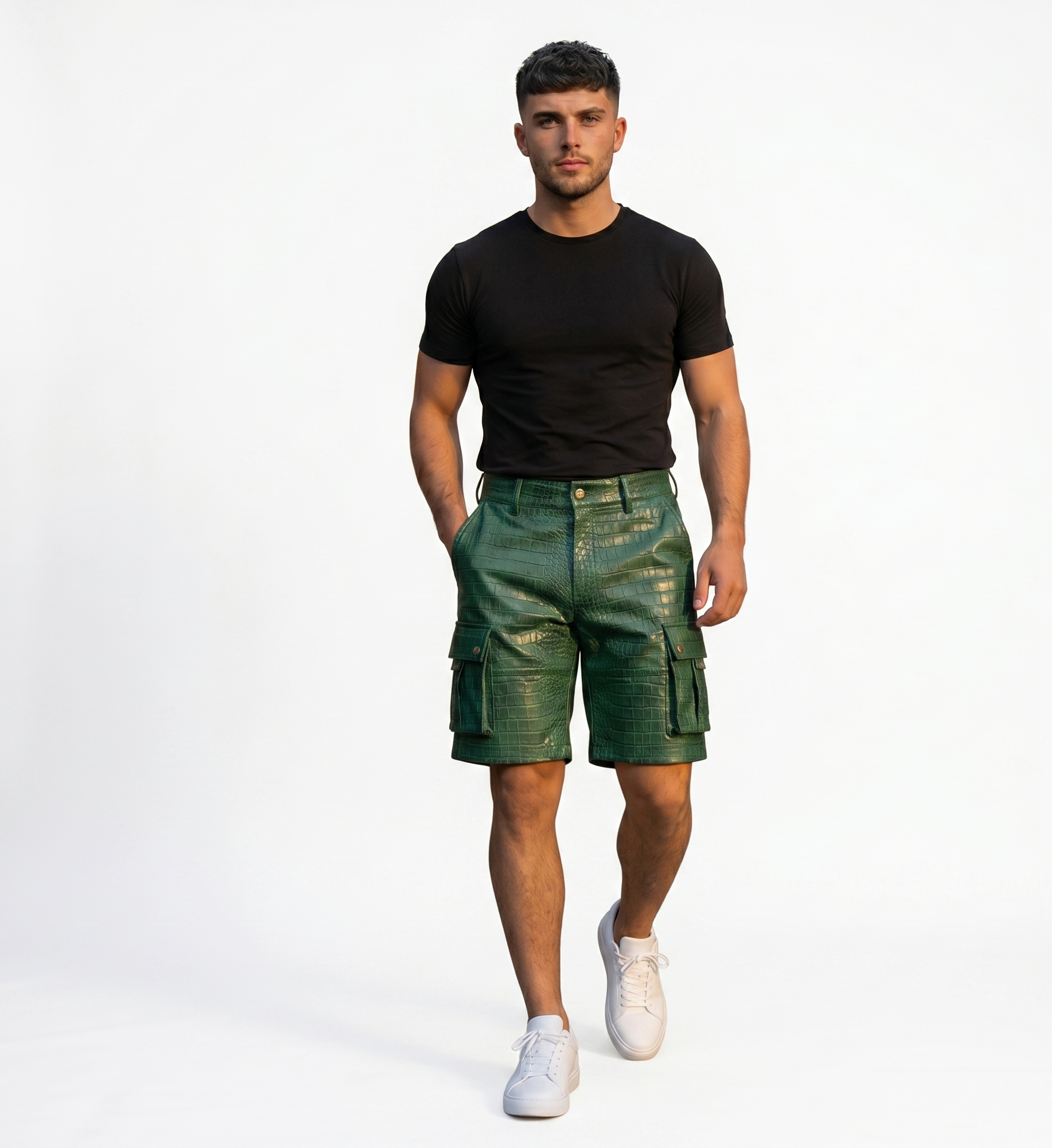 Men’s Green Crocodile Embossed Cargo Shorts – Designer Streetwear