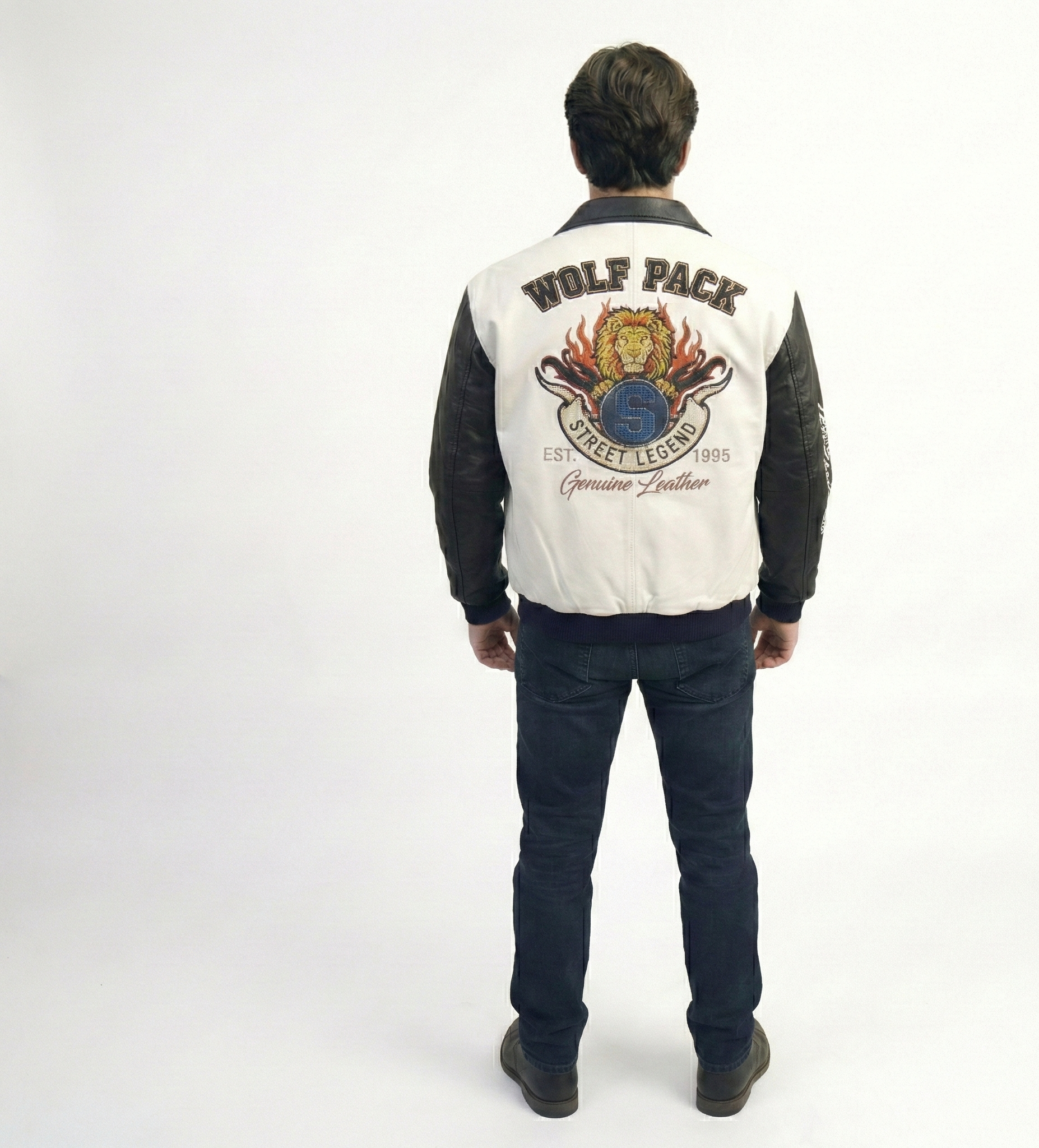 Men’s White & Black Varsity Leather Jacket – Wolf Pack Streetwear