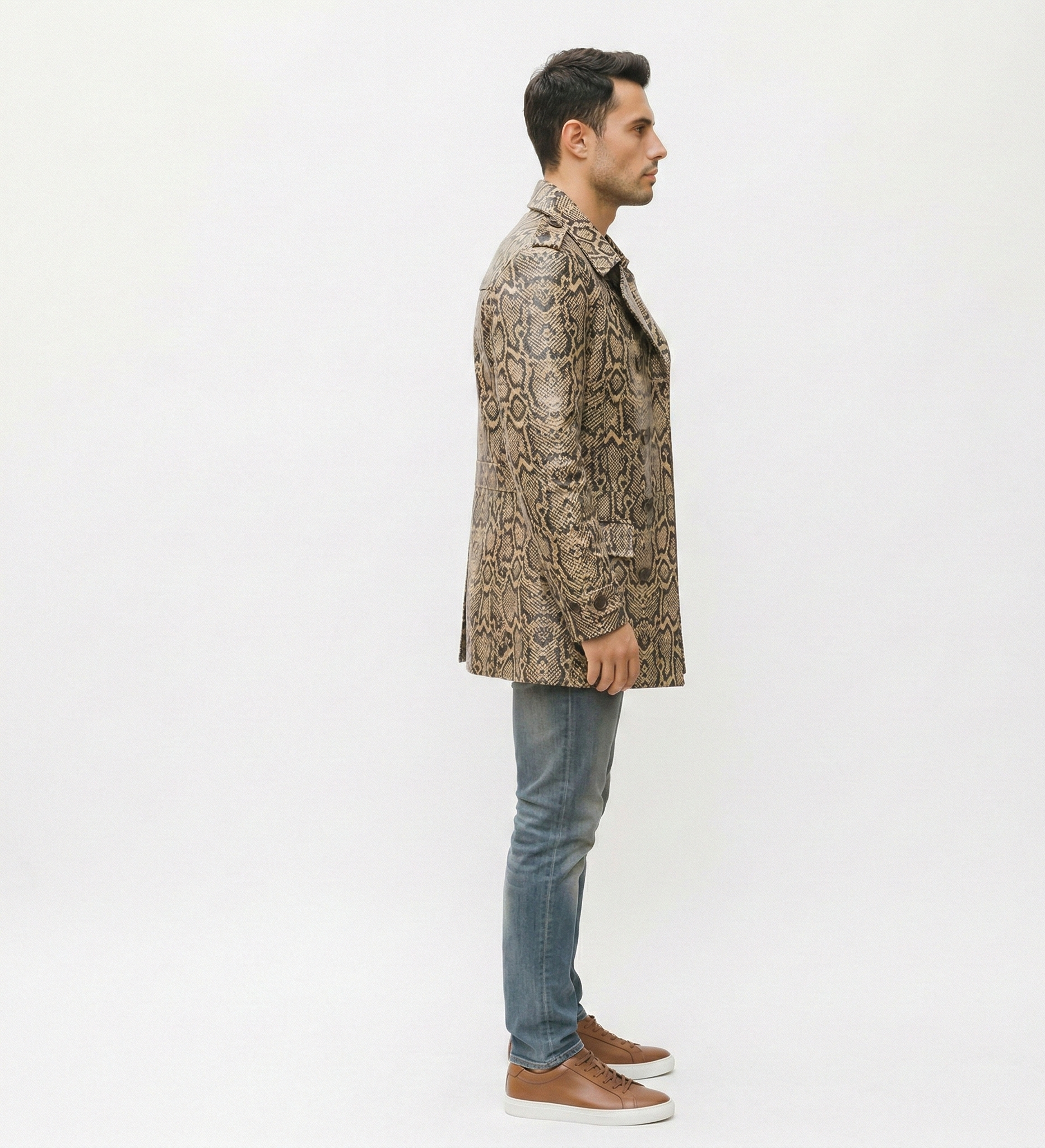 Men’s Python Print Leather Coat – Luxury Snake Skin Pattern Trench Jacket