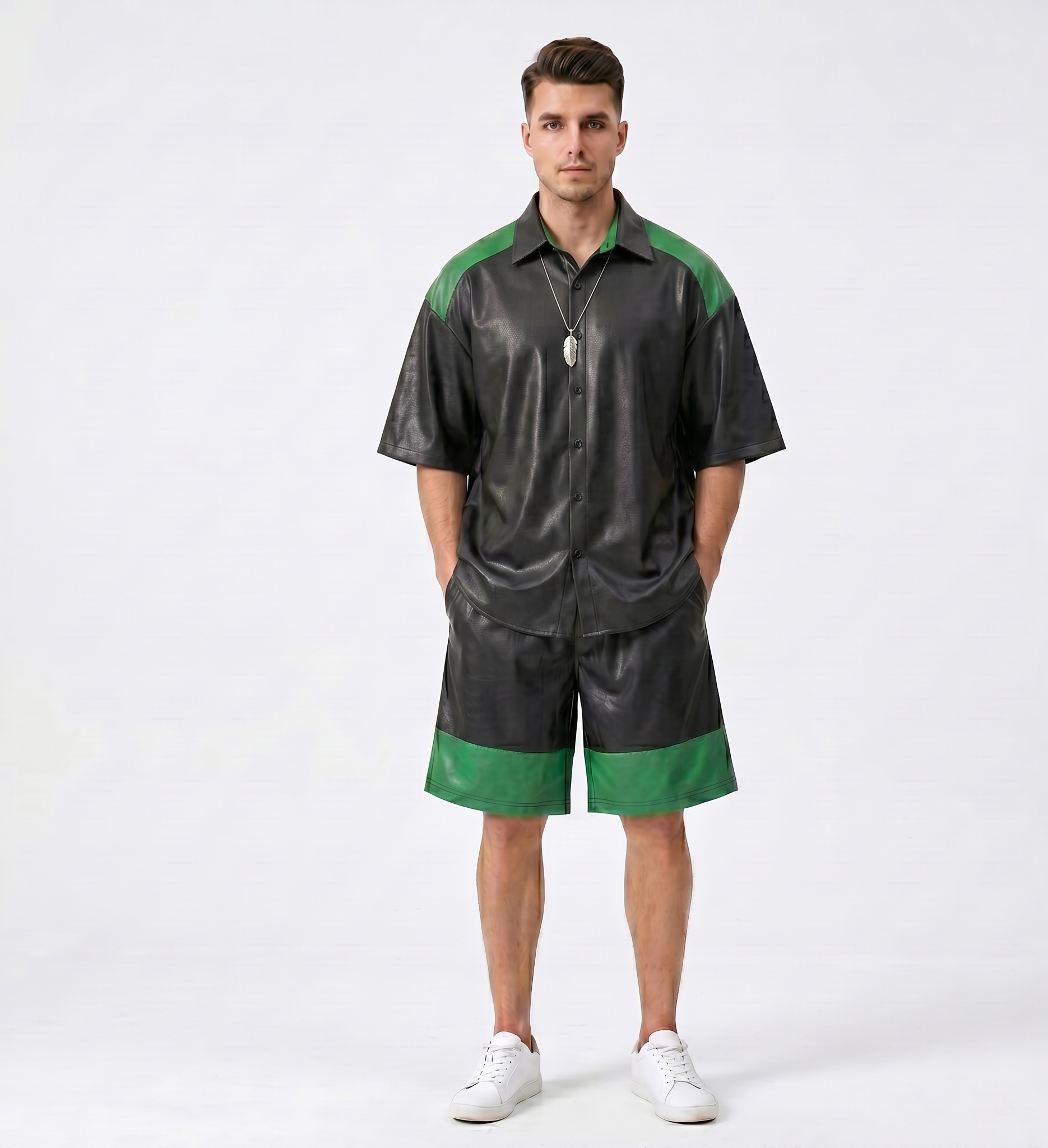 Men’s Black & Green Real Leather Shirt and Shorts Set – Luxury Streetwear