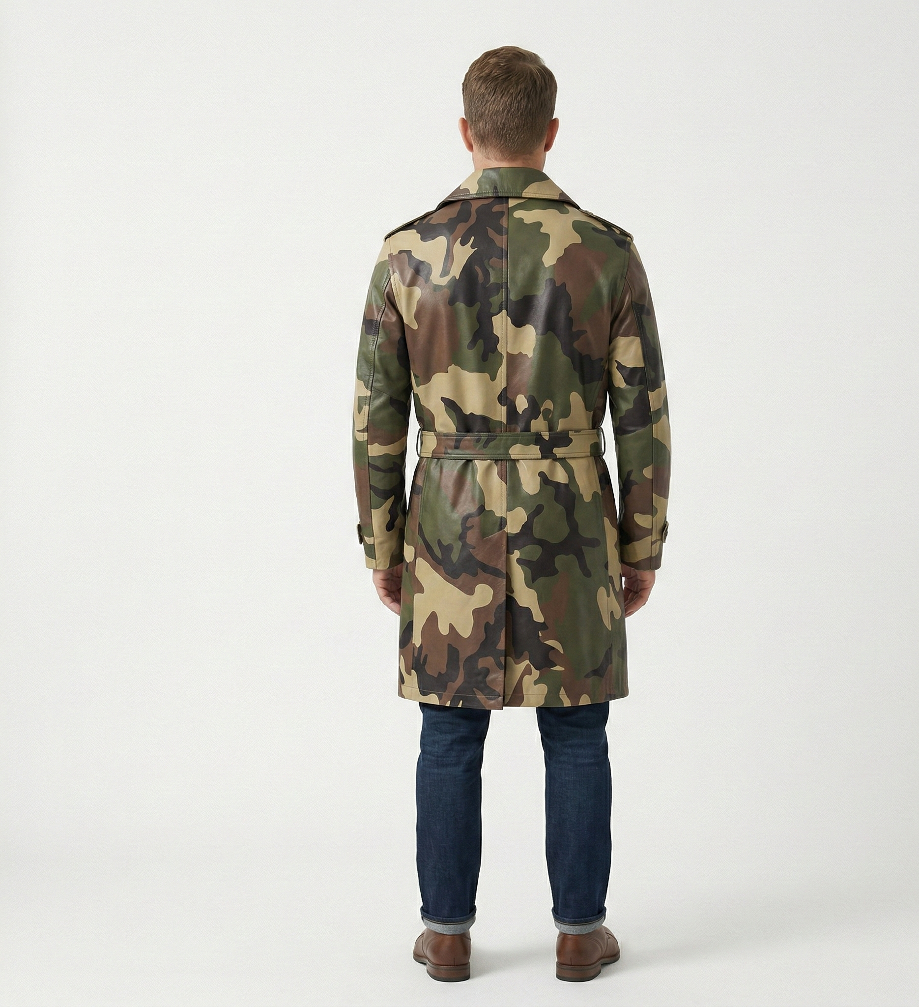 Men’s Camouflage Trench Coat – Military Style Belted Designer Overcoat