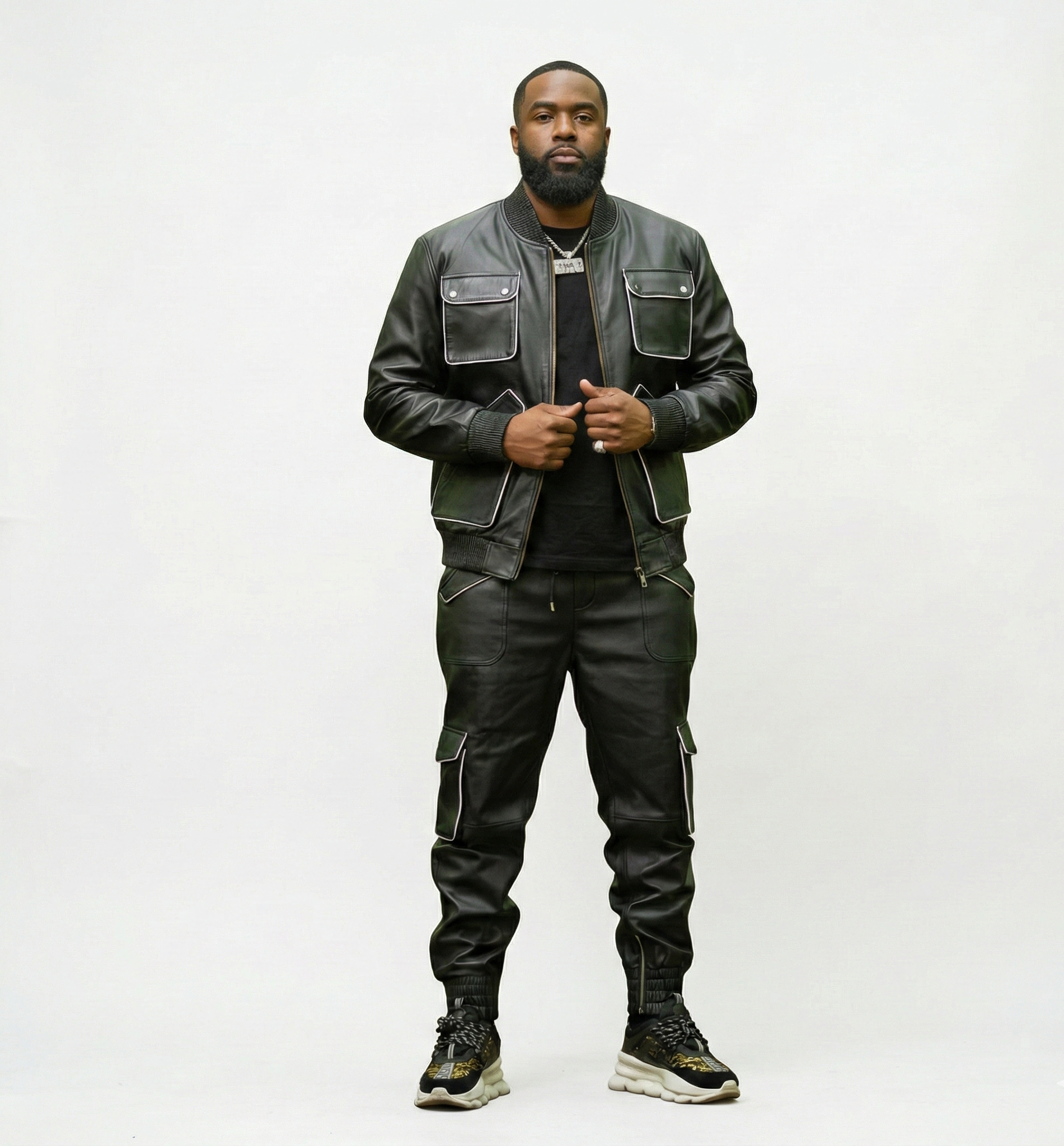 Men’s Black Leather Zip-Up Jacket and Cargo Jogger Set