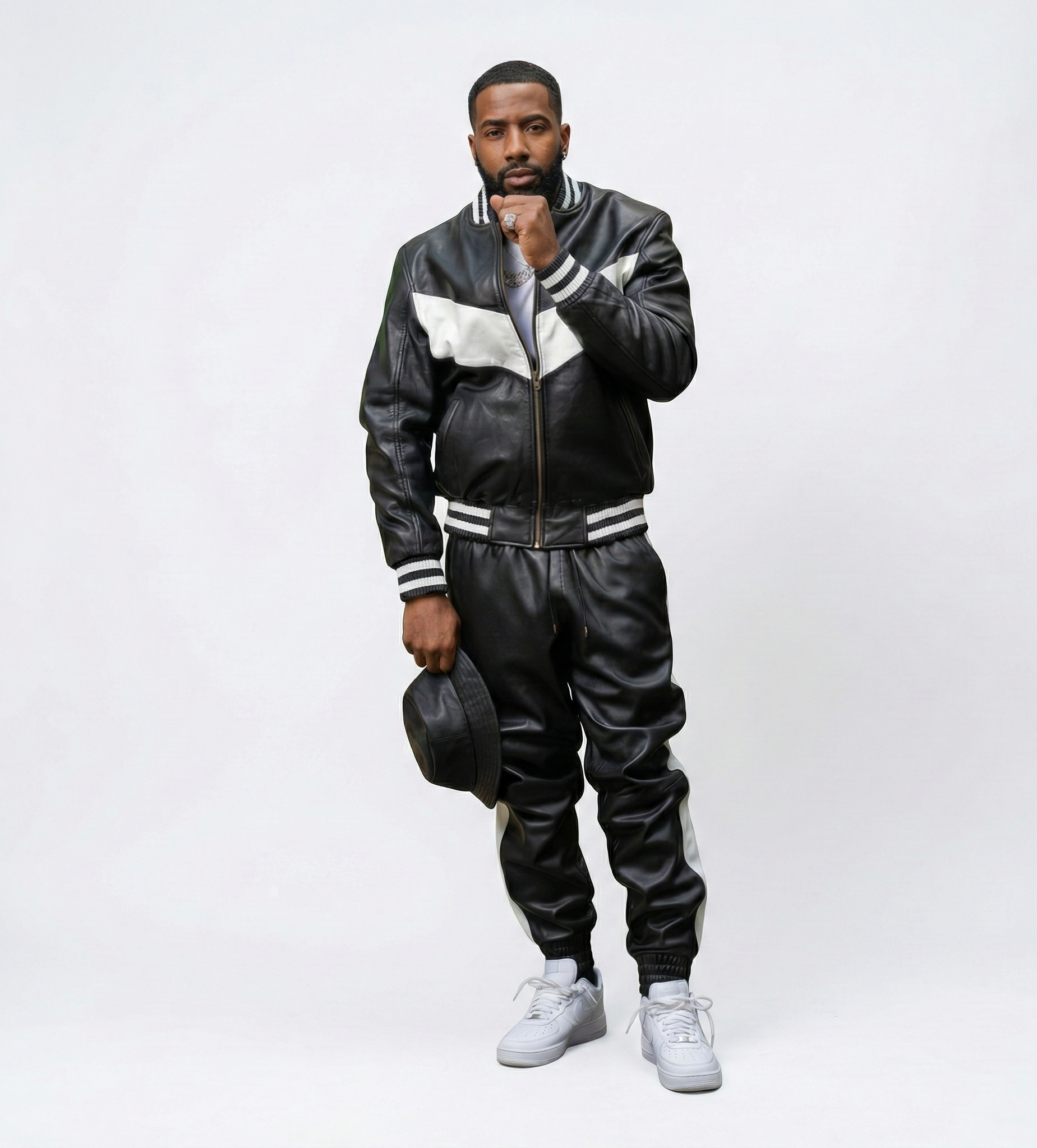 Men’s Black Leather Zip-Up Jacket and Pants Set
