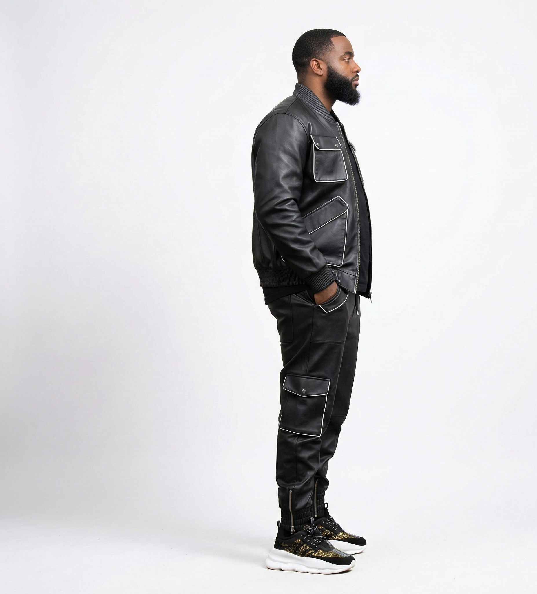 Men’s Black Leather Zip-Up Jacket and Cargo Jogger Set