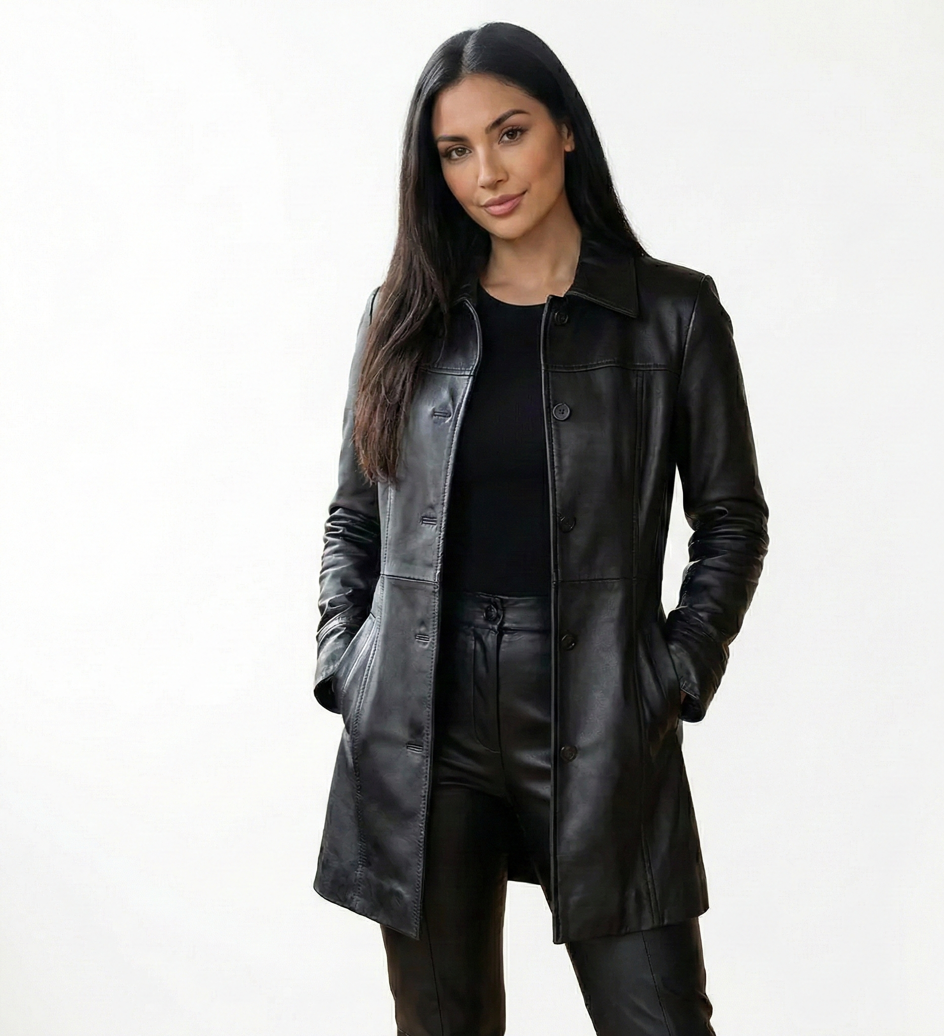 Women’s Black Leather Trench Coat – Modern Outerwear