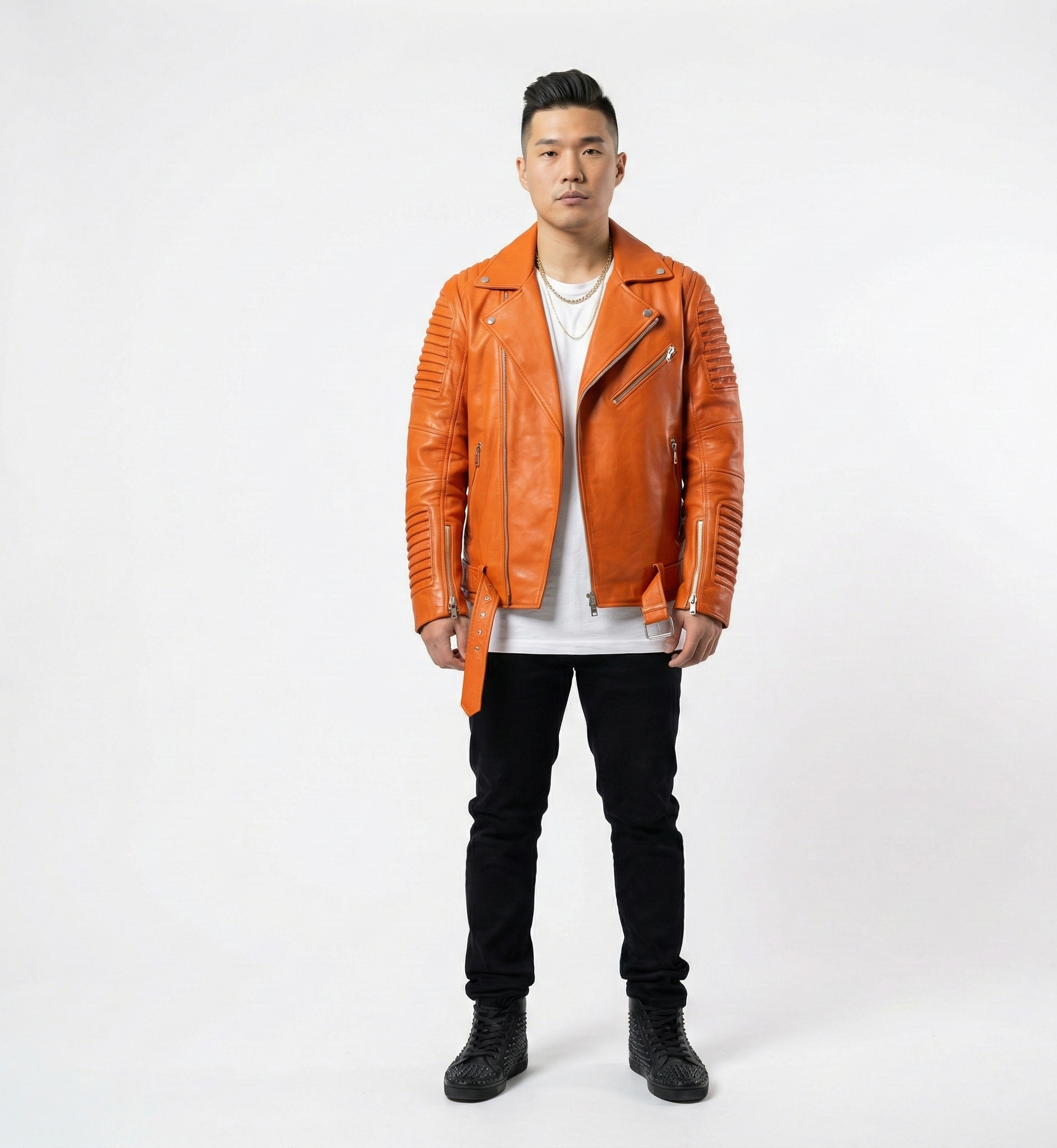 Men’s Orange Leather Biker Jacket with Ribbed Sleeves