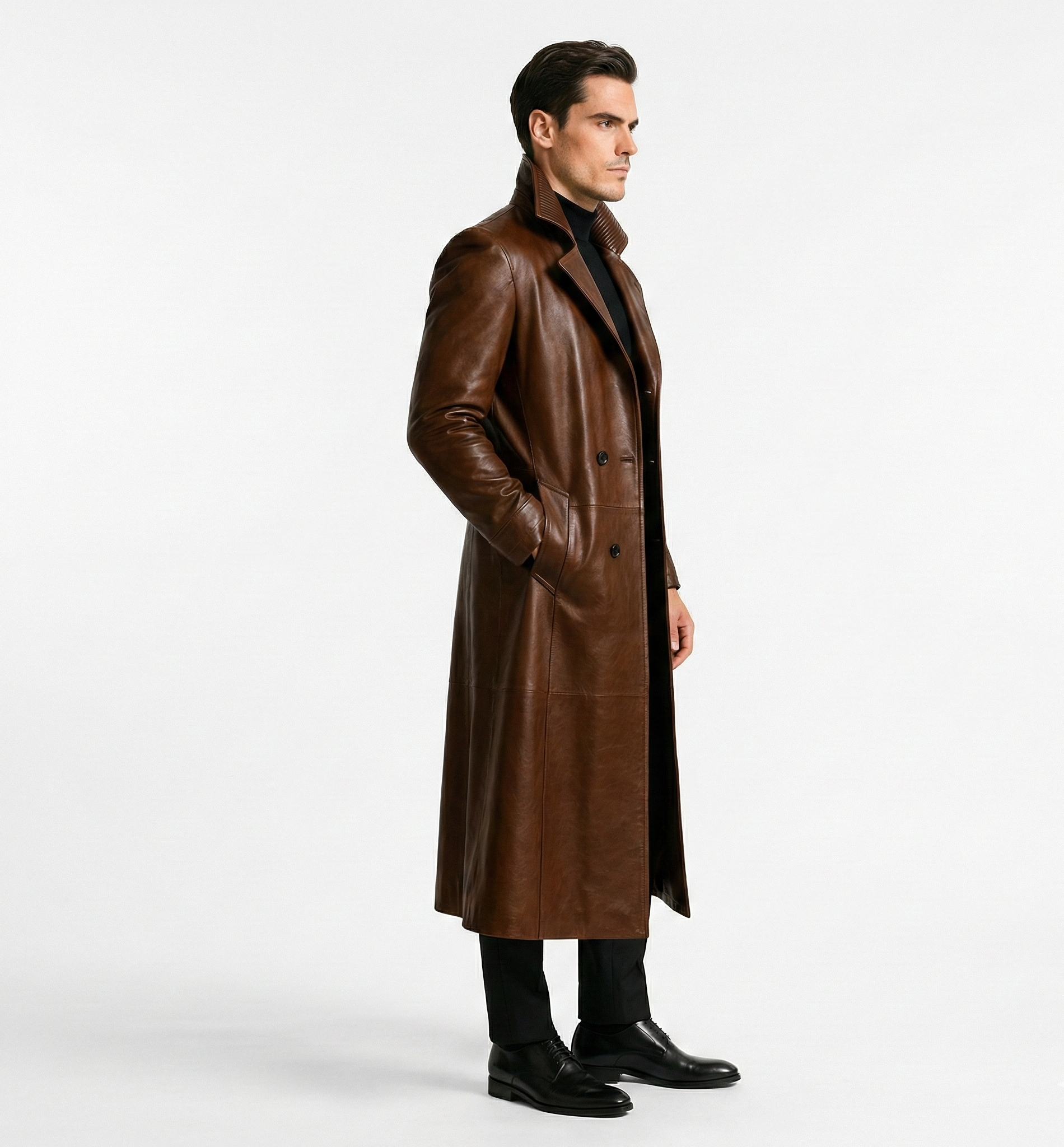 Men’s Brown Leather Long Trench Coat – Luxury Outerwear