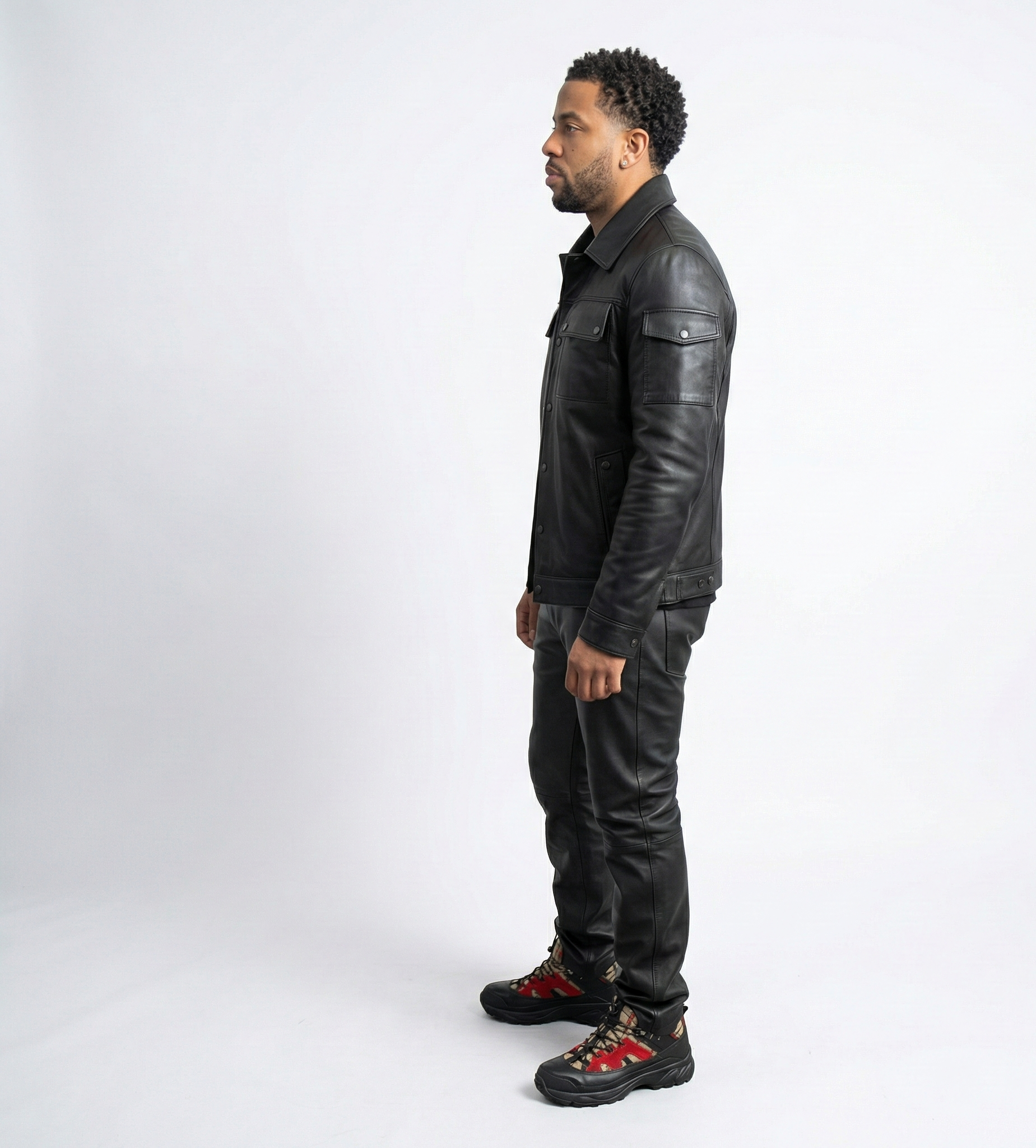 Men’s Black Leather Jacket and Pants Set Streetwear Outfit