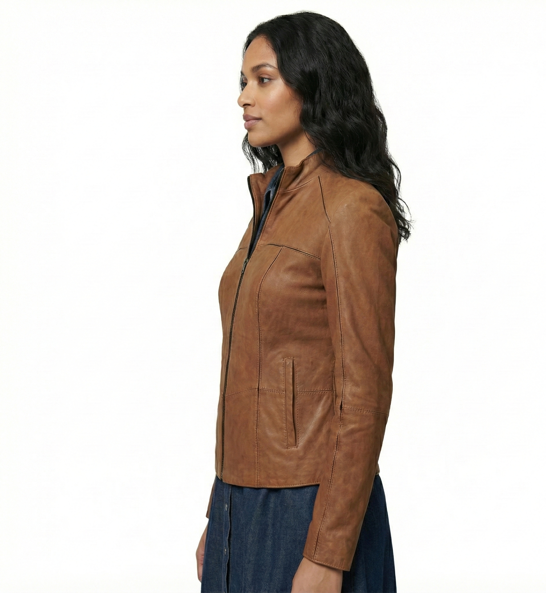 Women’s Brown Leather Jacket with Zip Closure