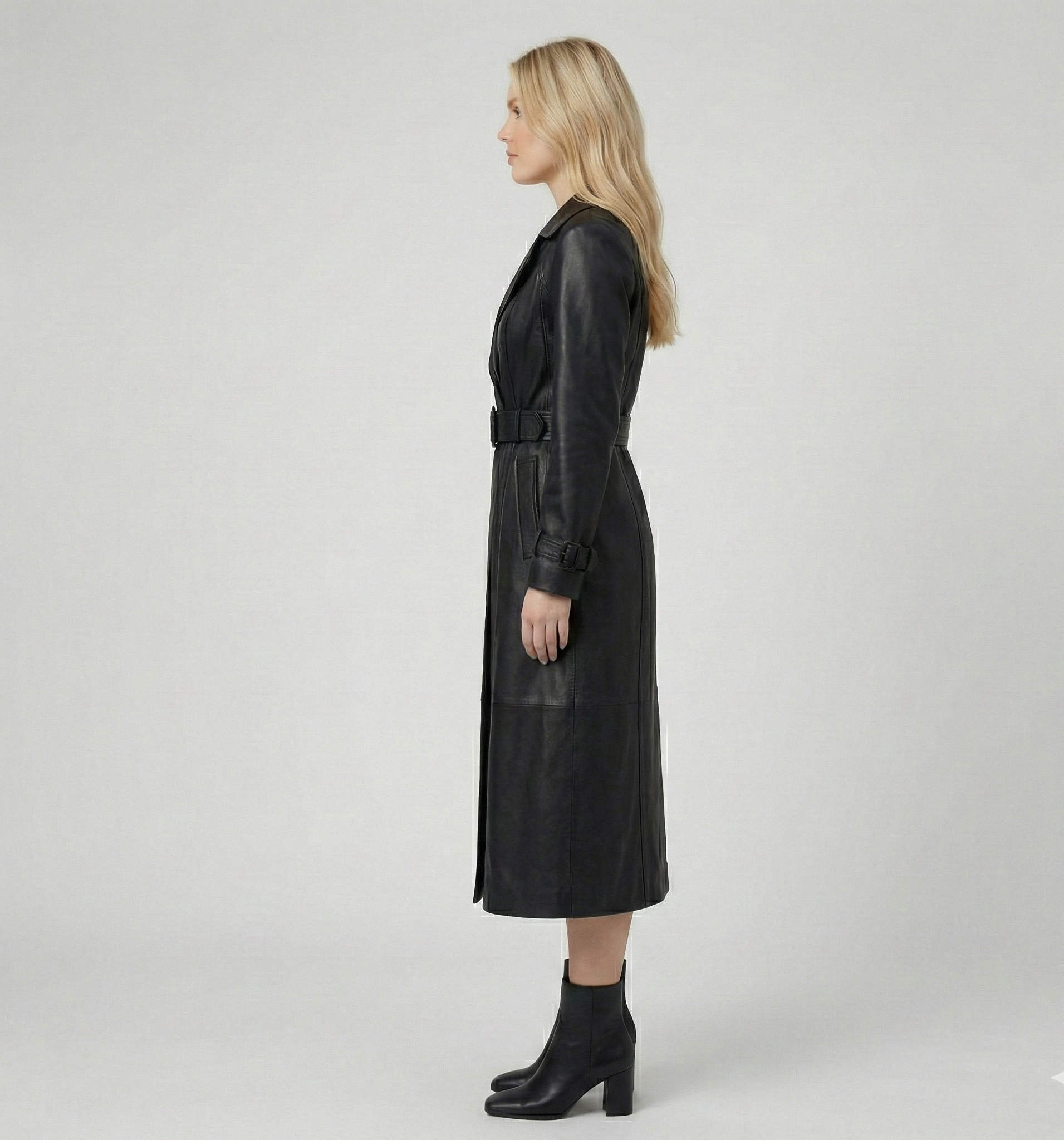 Women’s Black Leather Trench Coat – Midi Length