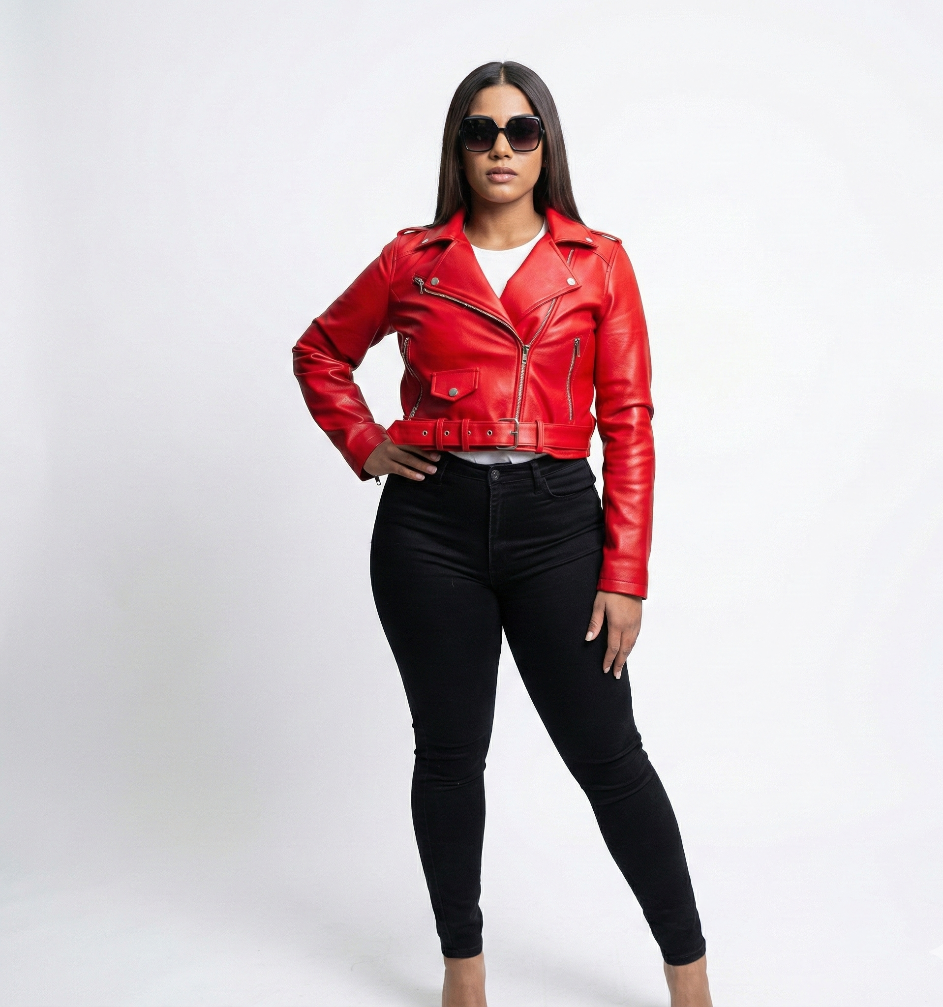 Women’s Red Leather Moto Jacket – Classic Biker Style with Belt