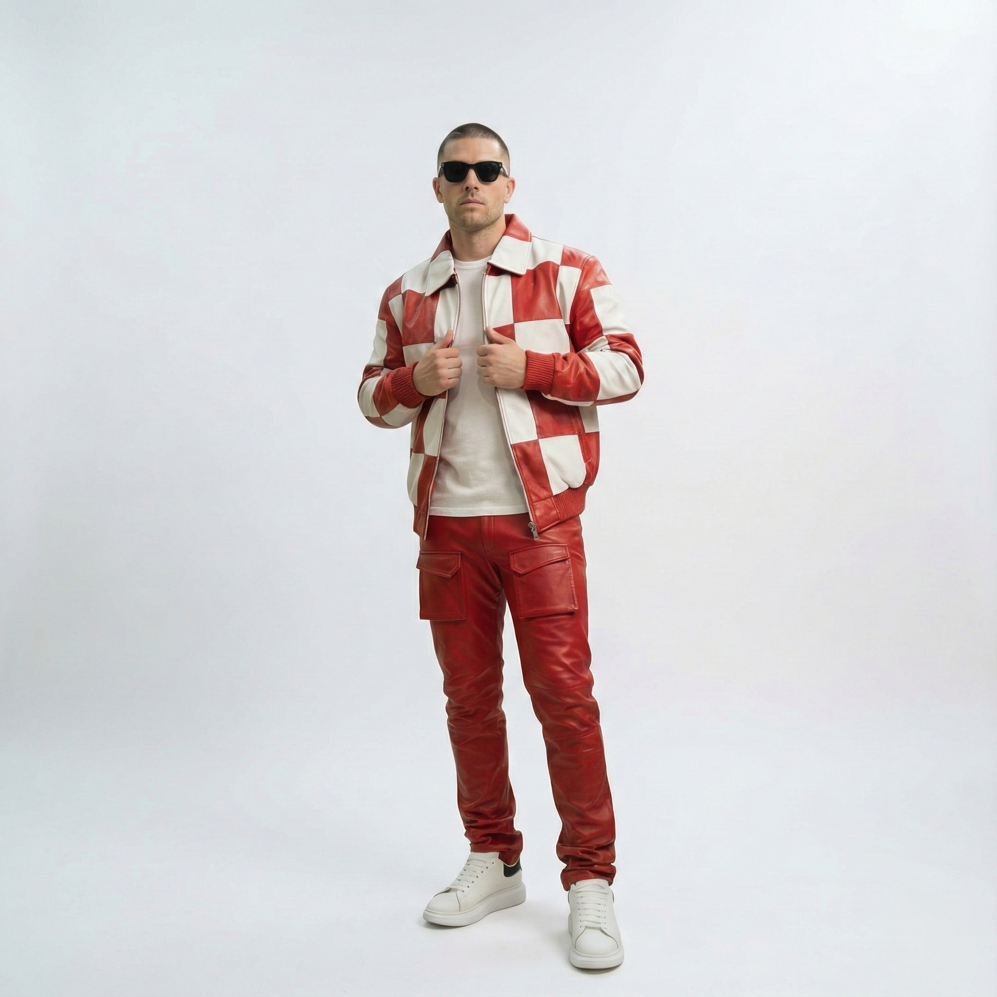 Men’s Red & White Leather Checkered Jacket
