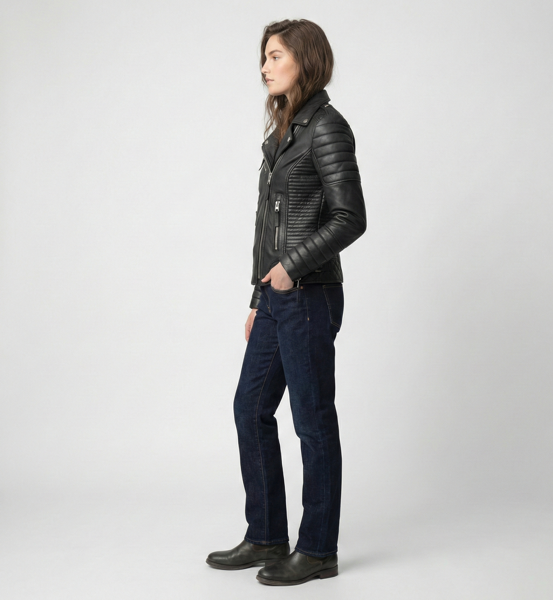 Women’s Black Leather Biker Jacket with Quilted Moto